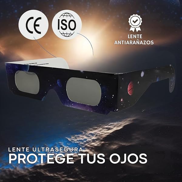 Genérico Pack lunettes éclipse solaire homologuées + filtre téléphone ISO 12312-2 CE | Vision sûre du soleil et des transits. Lunettes d'éclipse solaire totale 12 août 2026, Europe, Espagne, Portugal - 5