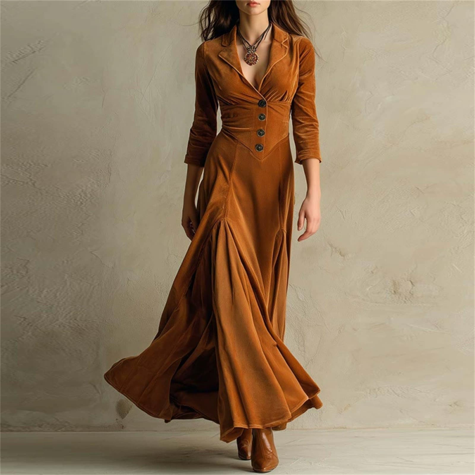 Damen Vintage Western Maxikleid aus Samt Halbformelles Elegantes Kleid mit Kurzen Ärmeln, Raffung, Schlankem Schnitt, Abschlussball Langkleid