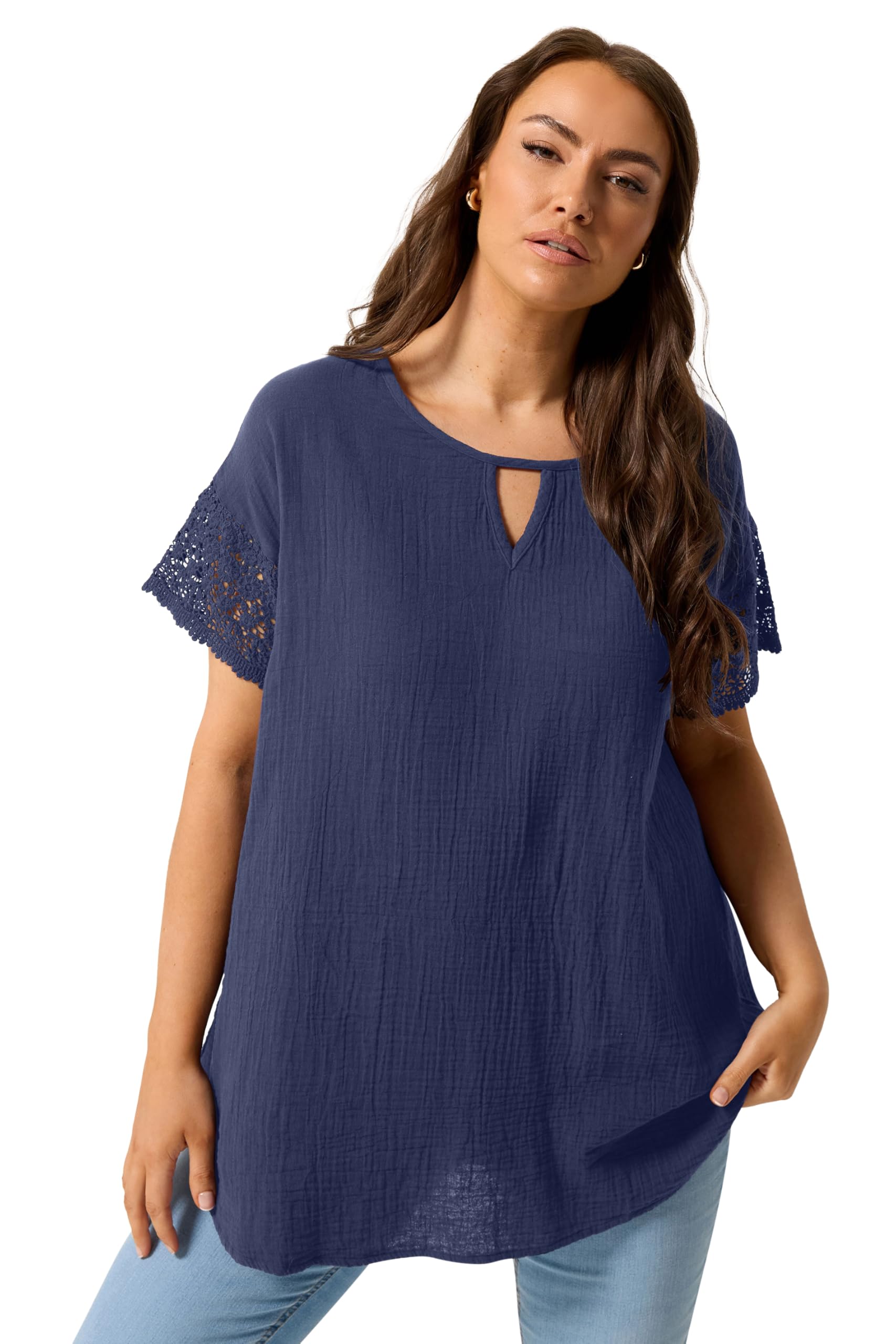 Yours Women's Dark Navy Cheesecloth Crochet Top In | : 26/28