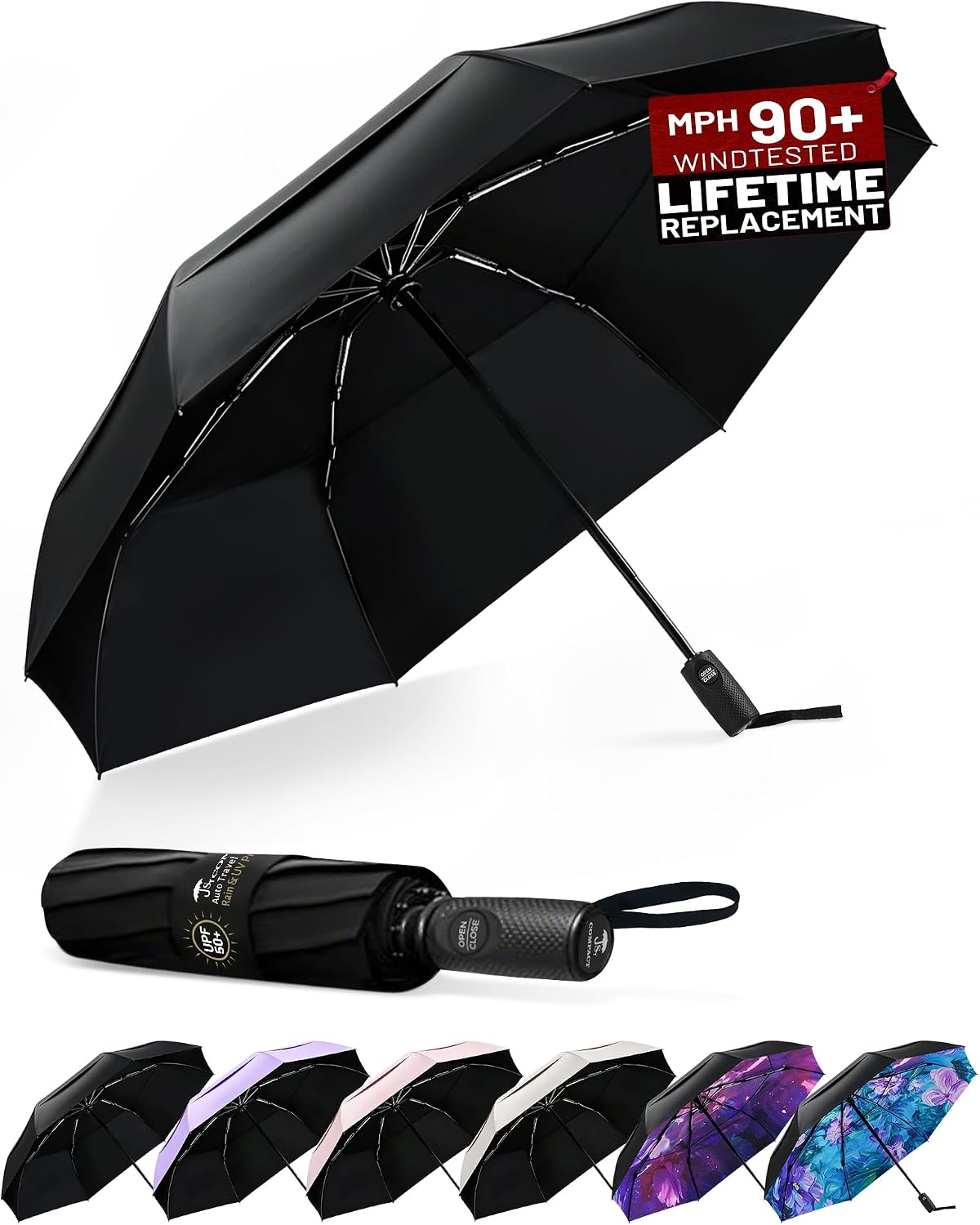 SY COMPACT Strongest Travel Umbrella – Windproof Compact Umbrella for Rain, Small, Lightweight & Portable Folding with UV Protection, Auto Open/Close, Wind-Tested, Heavy Duty for Backpack & Car, Men & Women – Factory Direct