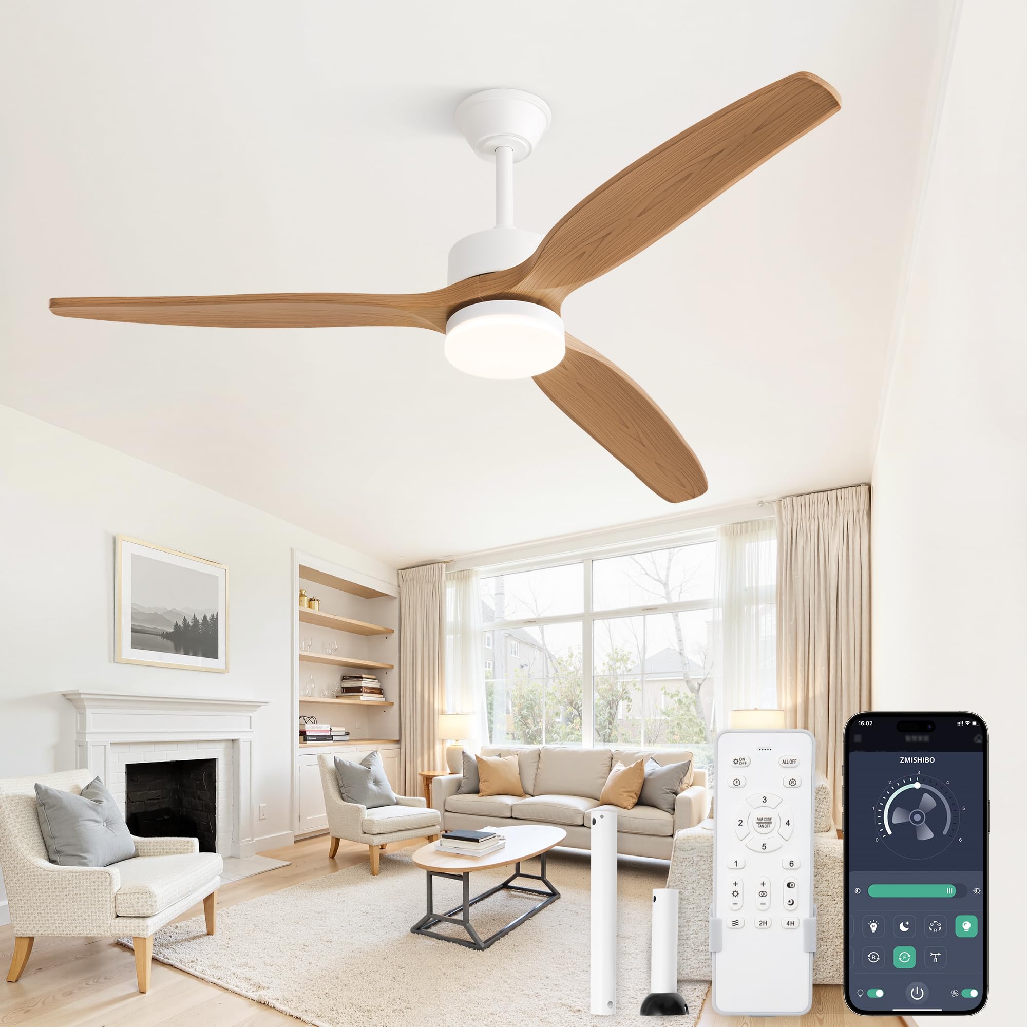 ZMISHIBO 132 cm Ceiling Fan with Light, 3 ABS Wood Effect Blades, Quiet DC Motor, 3 Colour Temperatures 3000K-6000K, 6 Speeds, Summer/Winter Switching, App & Remote Control, 2/4H Timer