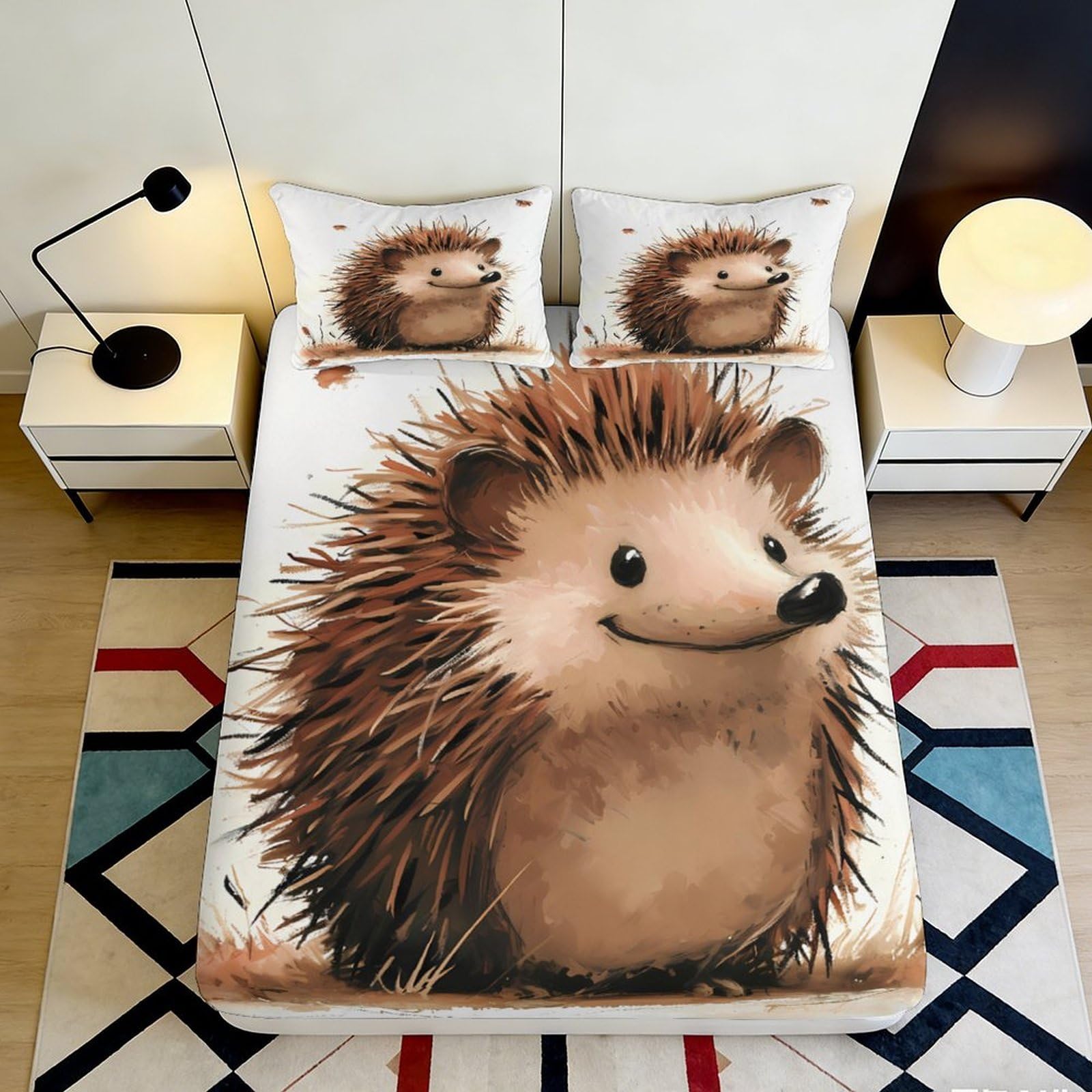 3D Printed Cartoon Hedgehog Fitted Sheet Microfiber Deep Pocket Non-Slip Hedgehog Mattress Fitted Cover Washable Bedding 160x200x25cm