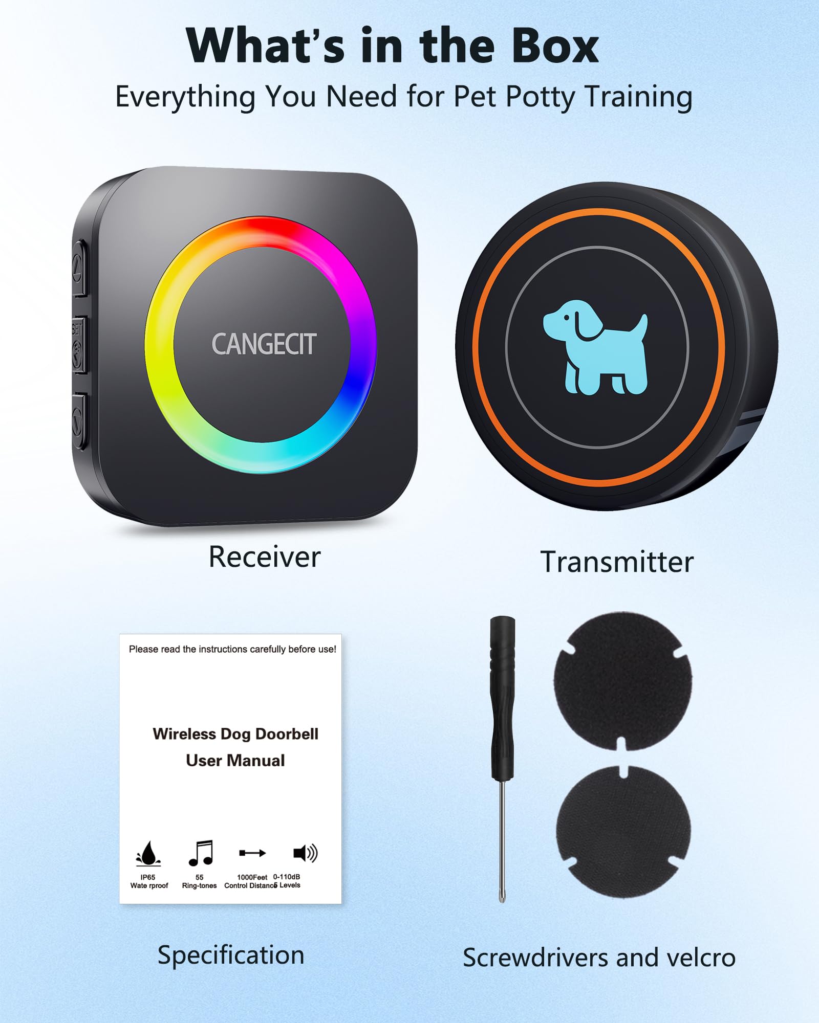 Timbre de puerta de perro para entrenamiento de orinal para salir, timbre inalámbrico para perros, campana de entrenamiento para cachorros con botón táctil, IP65 impermeable, rango de 1000 pies, 55