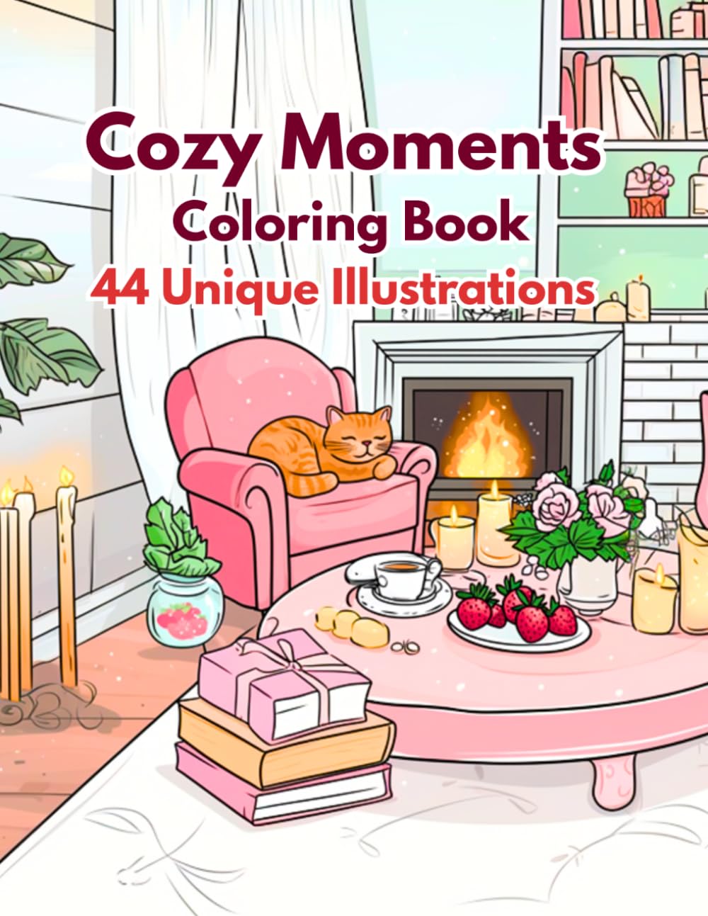 Cozy Moments Coloring Book: 44 Unique Illustrations for Adults and Kids, Relaxing Interior Scenes with Cats and Fireplaces, Stress Relief Coloring Pages