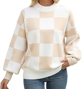 Spring Sweaters for Women, Womens Long Sleeve Turtleneck Stripes Plaid Trendy Oversized Ribbed Knit Pullover Sweater