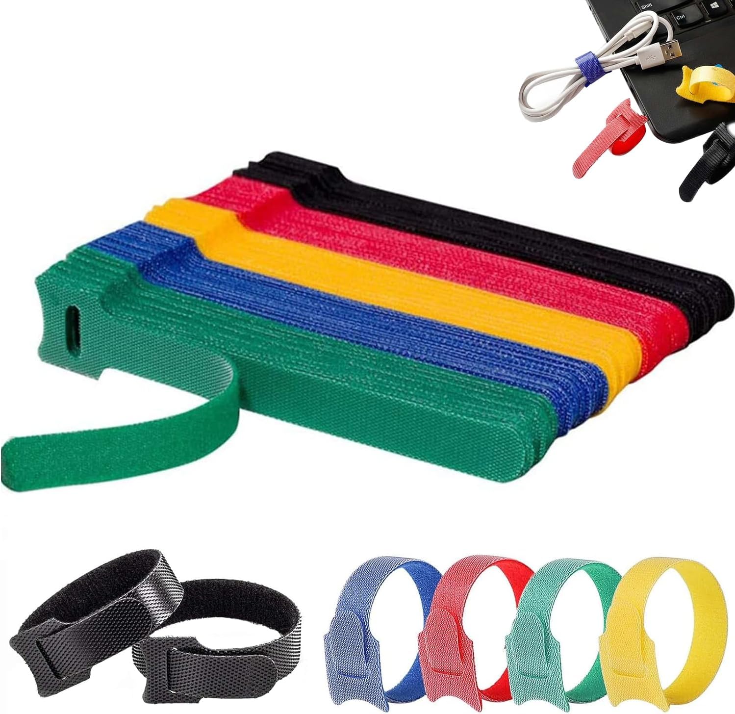 REQAG 60 Stück Klett Kabelbinder 150x12mm Wiederverwendbare Kabel Klettband Buntes Klett
