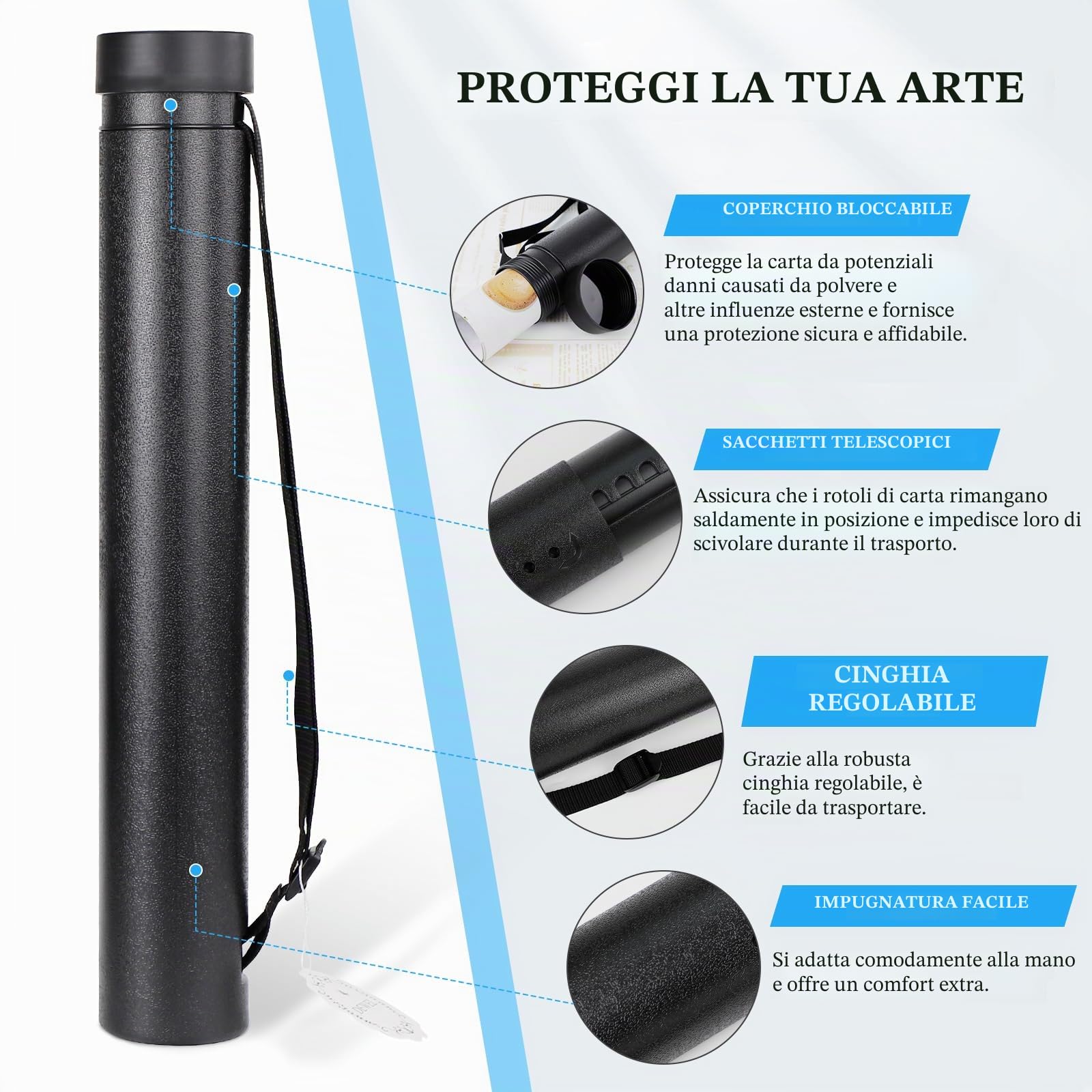 DEWEL 2 pezzi Tubo Portadisegni, Allungabile 56,5-87,5 cm e 50-87,5 cm, Diametro 85 mm e 70mm,Impermeabili Tubo Telescopico Regolabile per Conservare Disegni,Documenti, Manifesti