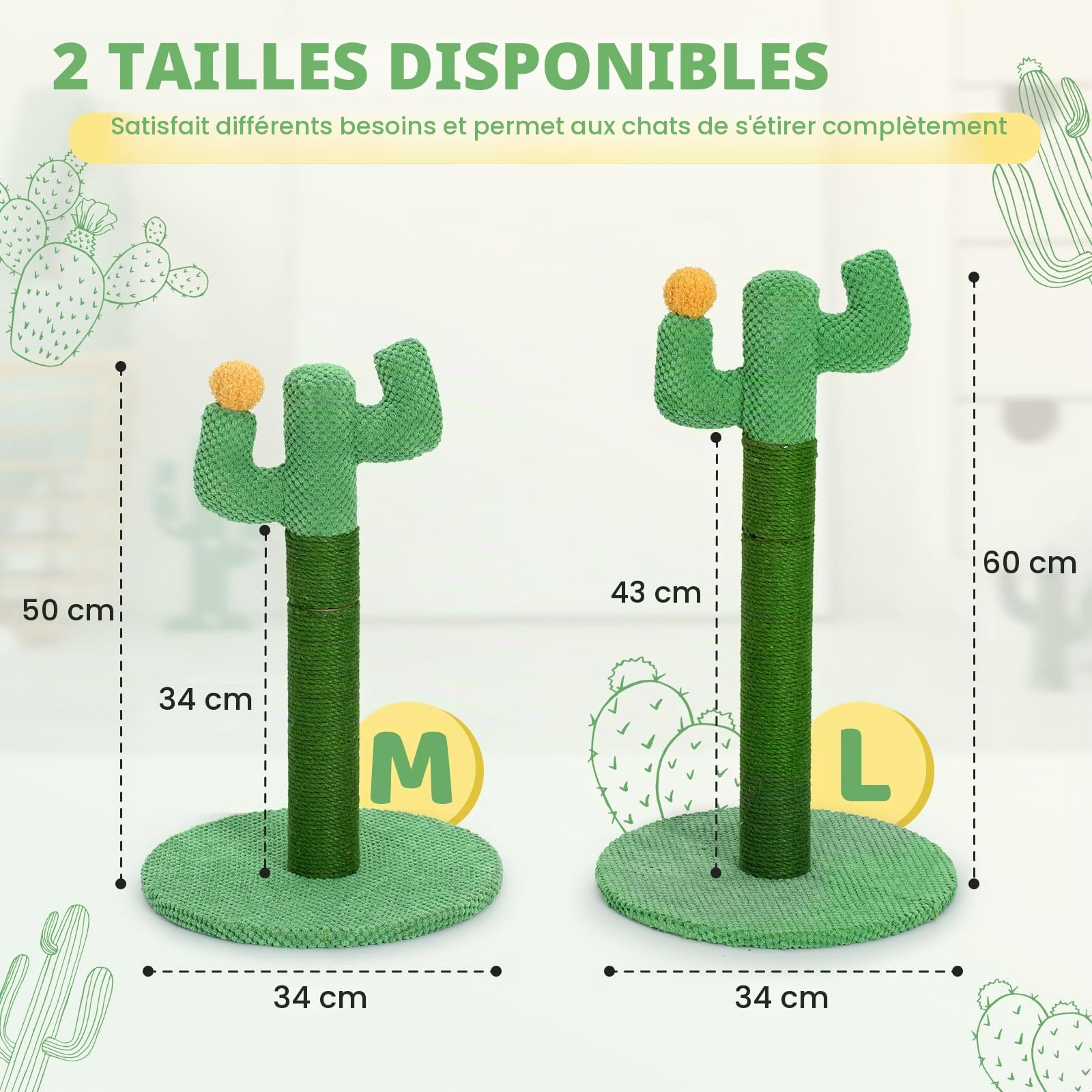 Happy & Polly Cactus Griffoir pour Chat 50 cm - Poteau en Corde de Tissu Résistant Jute Naturel - Grattoir Base Stable pour Chatons et Chats Adultes d'Intérieur - Vert