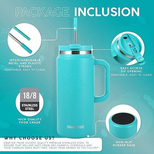 Miniatura 2 de Vaso de 64 onzas con asa y pajilla, botella de agua de medio galón, taza de viaje de acero inoxidable para bebidas calientes y frías, botella de