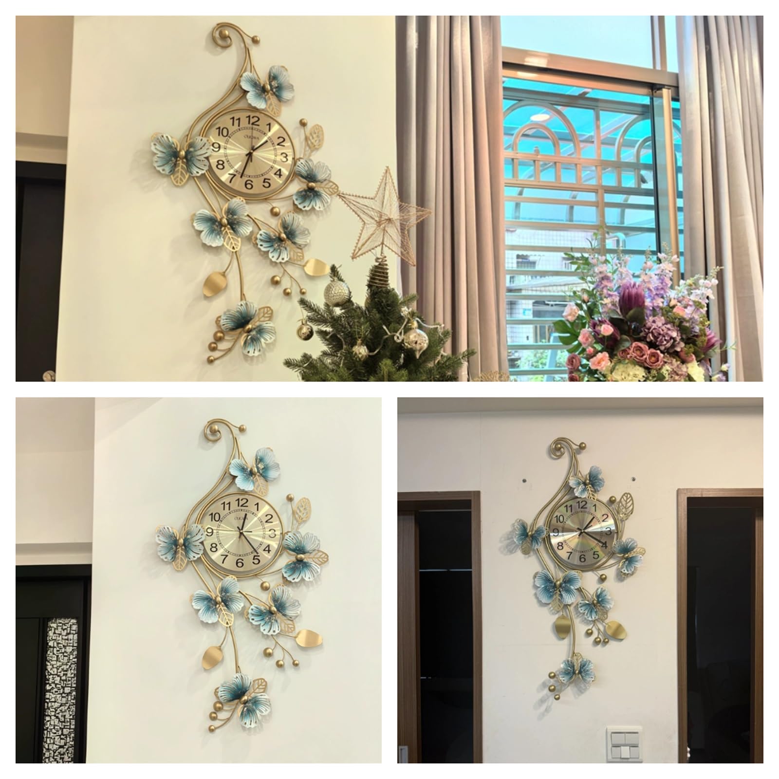Zegar ścienny 3D z motylem, nowoczesny dekoracyjny cichy nietykający metalowa rama, unikalna dekoracja sypialni, salonu, kuchni, stylowa sztuka ścienna do domu (43 x 90 cm)