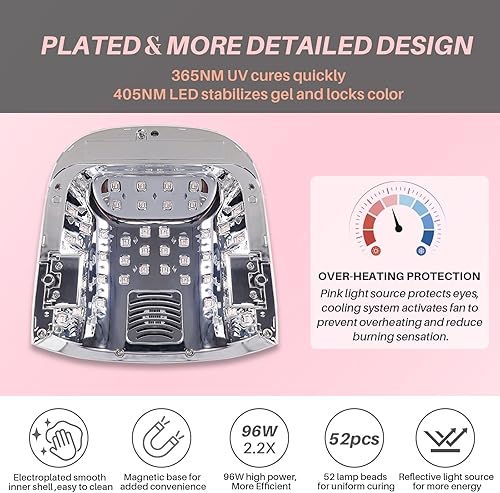 Miniatura 3 de Lámpara de uñas UV inalámbrica de 52 LED, alta potencia de 96 W, base de espejo magnético, luz de pulgar, 4 temporizadores, sensor automático,
