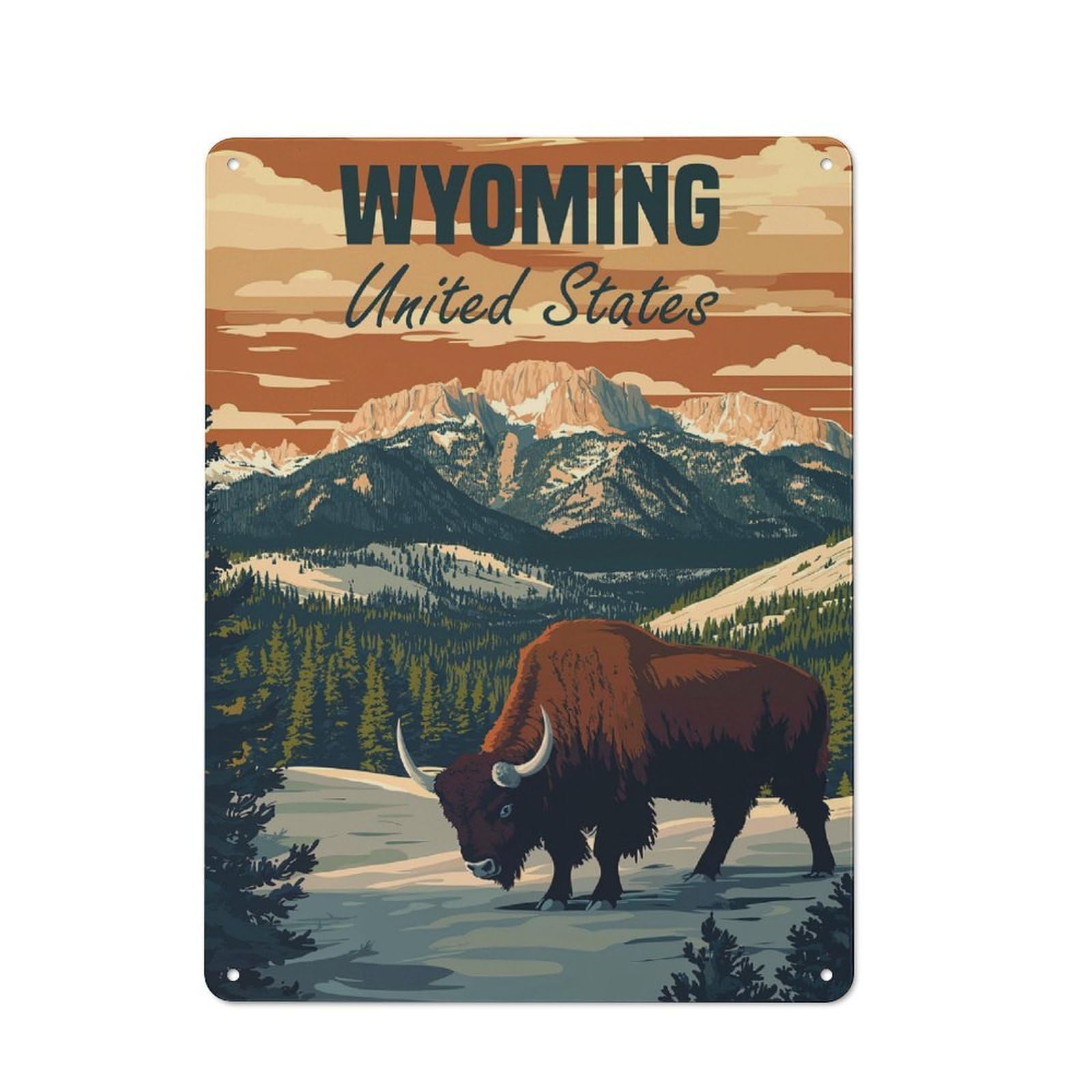 Wyoming Bison Landscape Metal Wall Plaque for Travel Lovers, Birthday, Housewarming Or Christmas Gift, 40x30cm