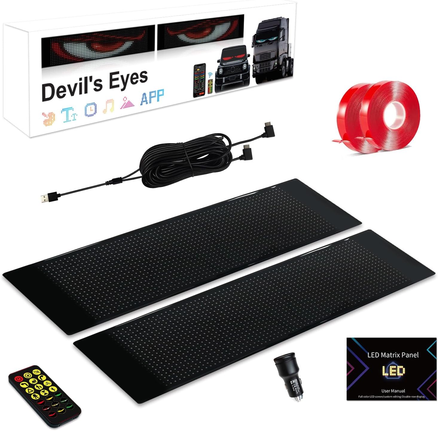 2 Pack Devil's Eye LED Light Signs for Cars, SUVs, Trucks Windshield, Bluetooth App Control DIY Programmable Scrolling Digital Flexible LED Display, Waterproof, 13.7''x4.01''