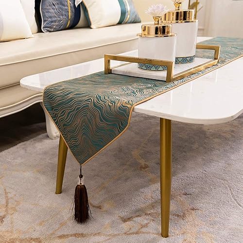 Avigers Caminos de mesa decorativos de lujo de 12 x 72 pulgadas a rayas verdes y verde azulado con borlas para el hogar, sala de estar, dormitorio,