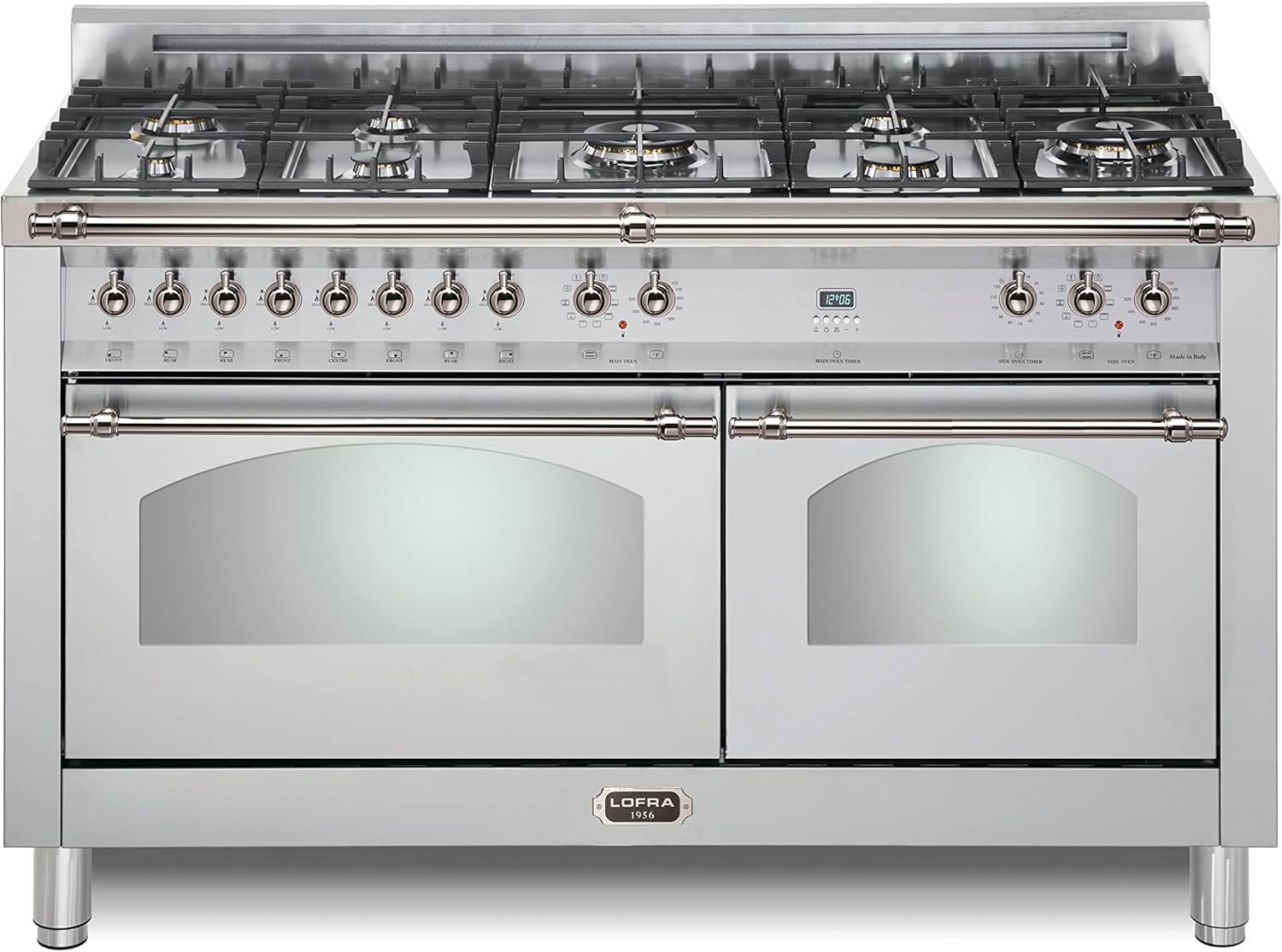 Lofra DolceVita Series 60 Inch Range Freestanding Dual Fuel Double Oven Stove, Cooktop 8 Sealed Brass Burners, Convection, 9 Cooking Modes, Stainless Steel, Knobs and Handrail In Chrome