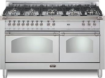 Lofra DolceVita Series 60 بوصة نطاق قائم بذاته فرن مزدوج الوقود مزدوج موقد ، سطح طبخ 8 شعلات نحاسية محكمة الغلق ، 9 أوضاع طهي ، فولاذ مقاوم للصدأ ، مقابض ودرابزين في Chrome   
