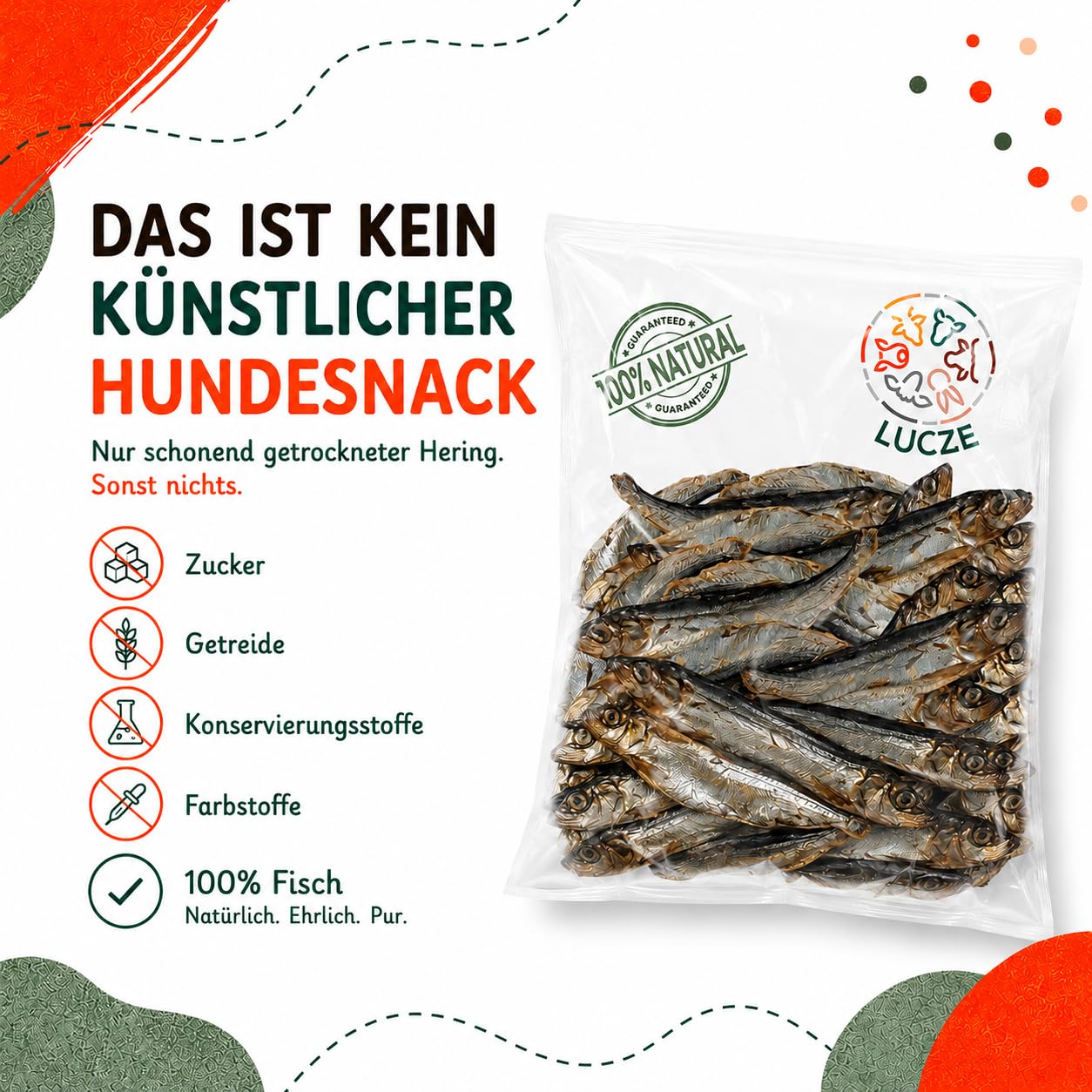 100% Hering getrocknet für Hunde, Natürlicher Fischsnack & Trockenfisch, Reich an Omega-3, Monoprotein, Ohne Zusatzstoffe, (1kg)