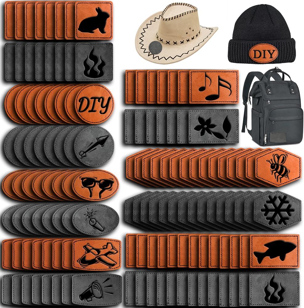 134 Pcs 6 Types of Shape Custom Logo Blank Rustic Hat Leather Patch with Adhesive,Iron on Heat Press Laser Engraving Repair Sew for Cowboy Cap Faux Leatherette Patch (134-6T-Khaki+Grey)