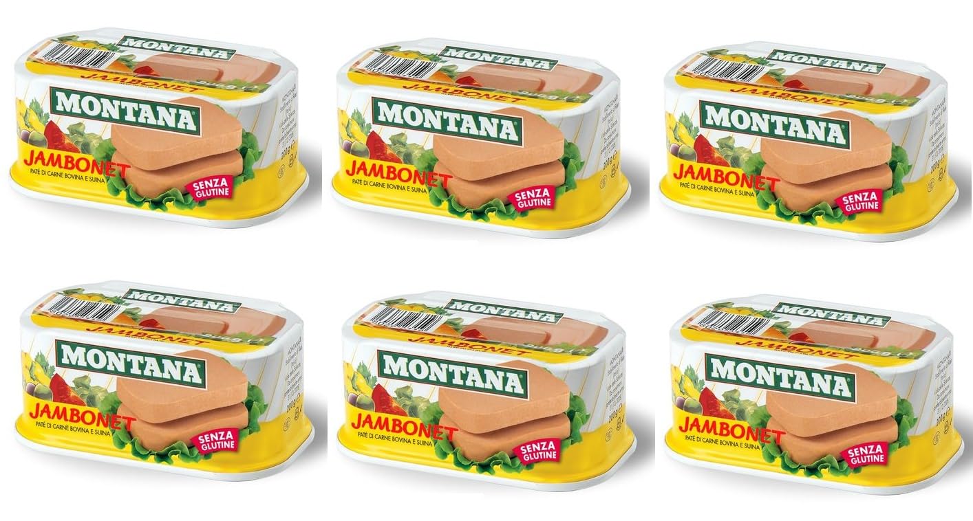 Montana Jambonet, Carne in Scatola di Suino e Bovino, 200gr, Senza Glutine, Confezioni da 3, 6 o 12 pezzi (6 Pezzi)