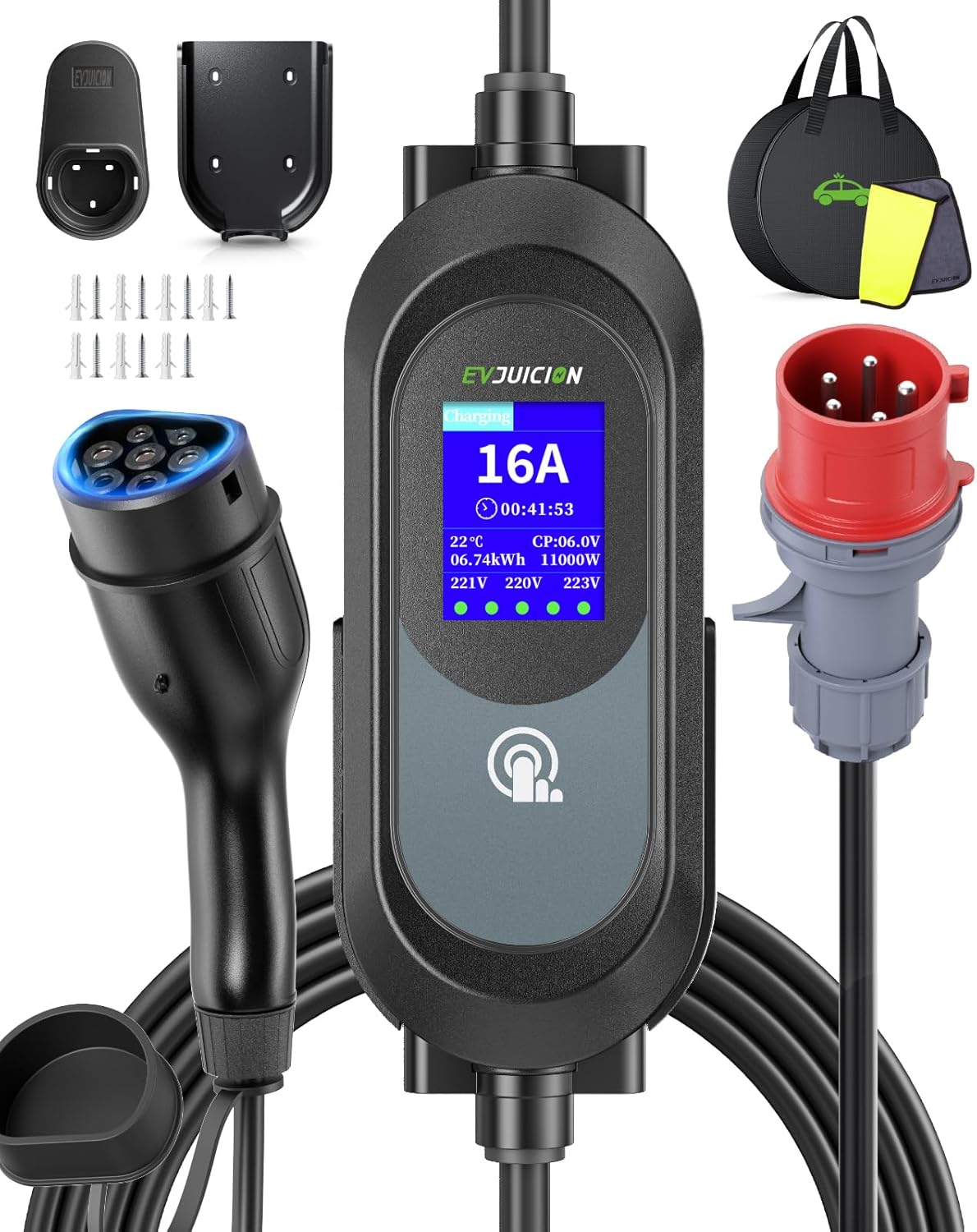 Evjuicion Electric Car Charger 11 kW [6M, 3 Phases] Charging Cable Electric Car, 6/8/10/13/16A Charger Type 2 with Wallbox Stand, Portable Charging for Electric Vehicles Type 2 with Bag