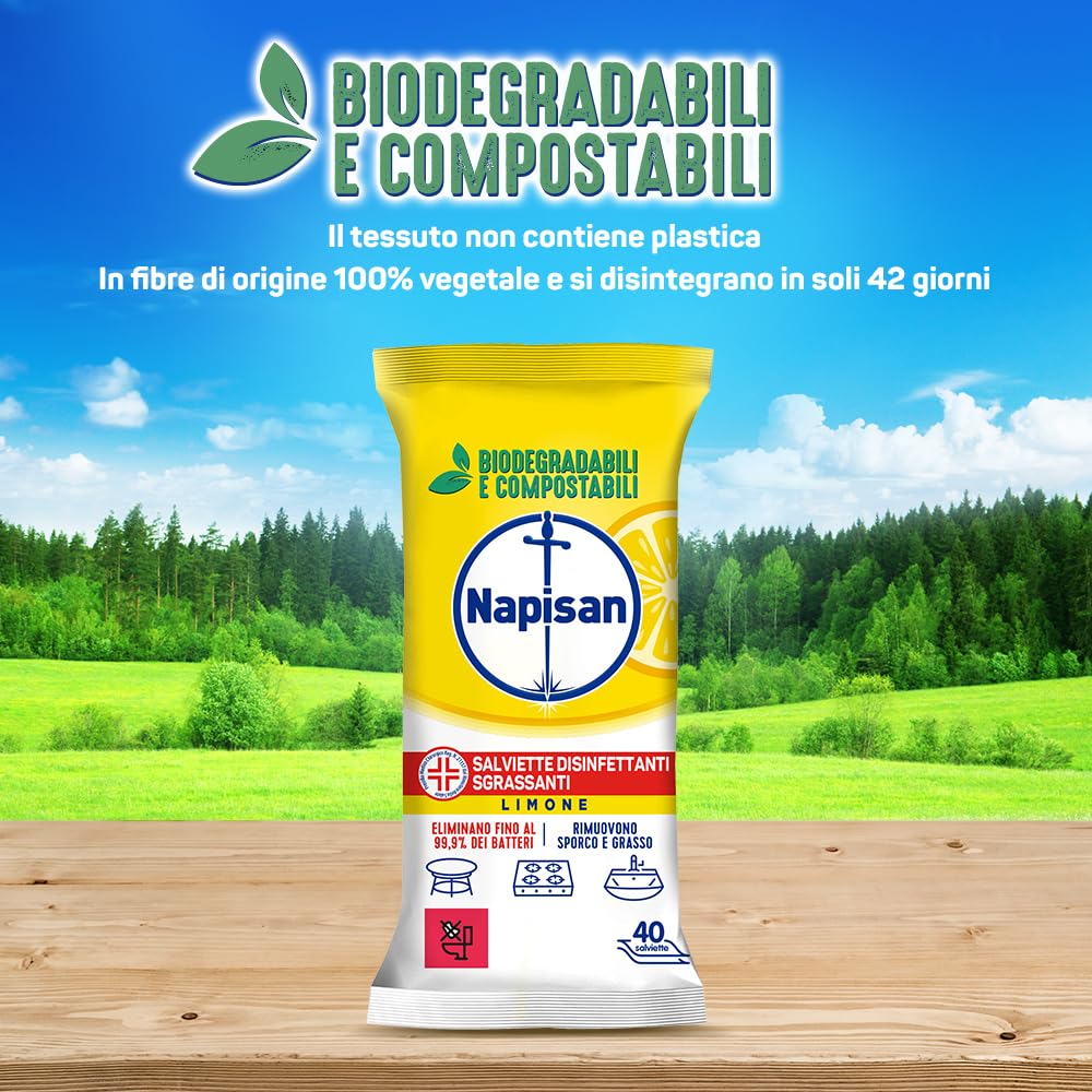 Napisan Salviette Disinfettanti Sgrassanti al Limone, Confezione da 5 Pacchi x 80 Salviette Disinfettanti Biodegradabili e Compostabili Multisuperfici