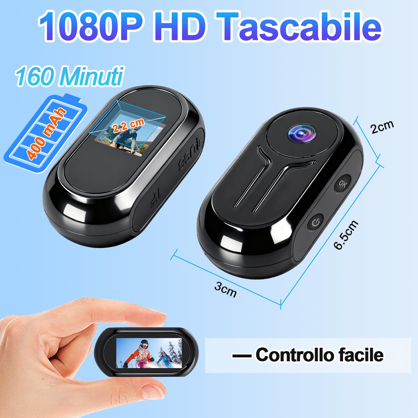 Mini Action Cam Moto, 1080P HD Bodycam con 120° Grandangolo & Visione Notturna Automatica, 2,5 Ore Registrazione, Telecamera Moto per Sport e Outdoor