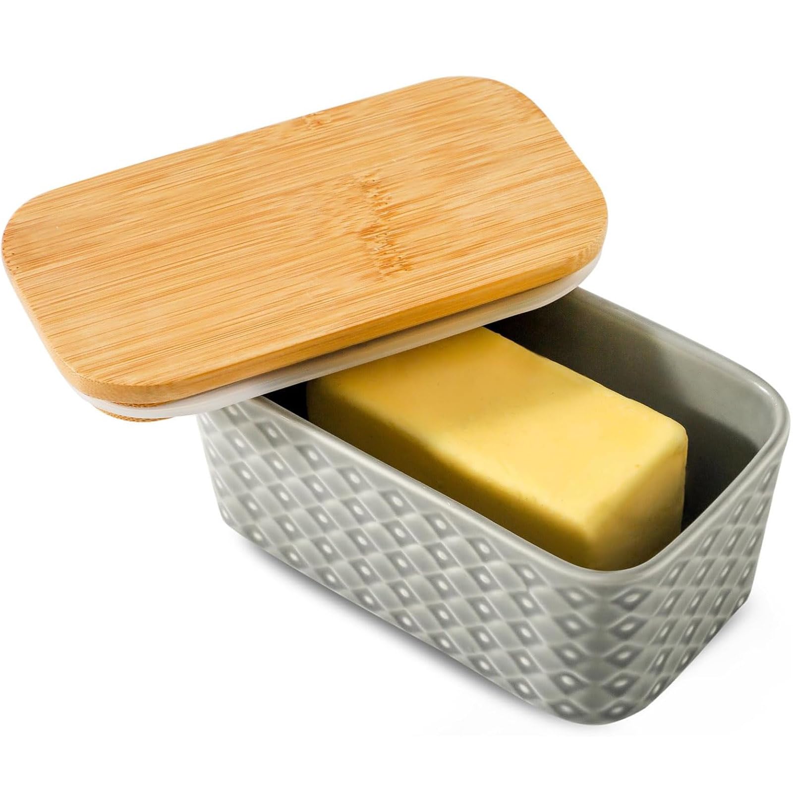 Hasense Ceramic Butter Dish with Wooden Lid, Butter Container for Countertop Airtight Butter Stick Covered Keeper,Grey Embossed Pattern,Easy Clean Dishwasher Safe