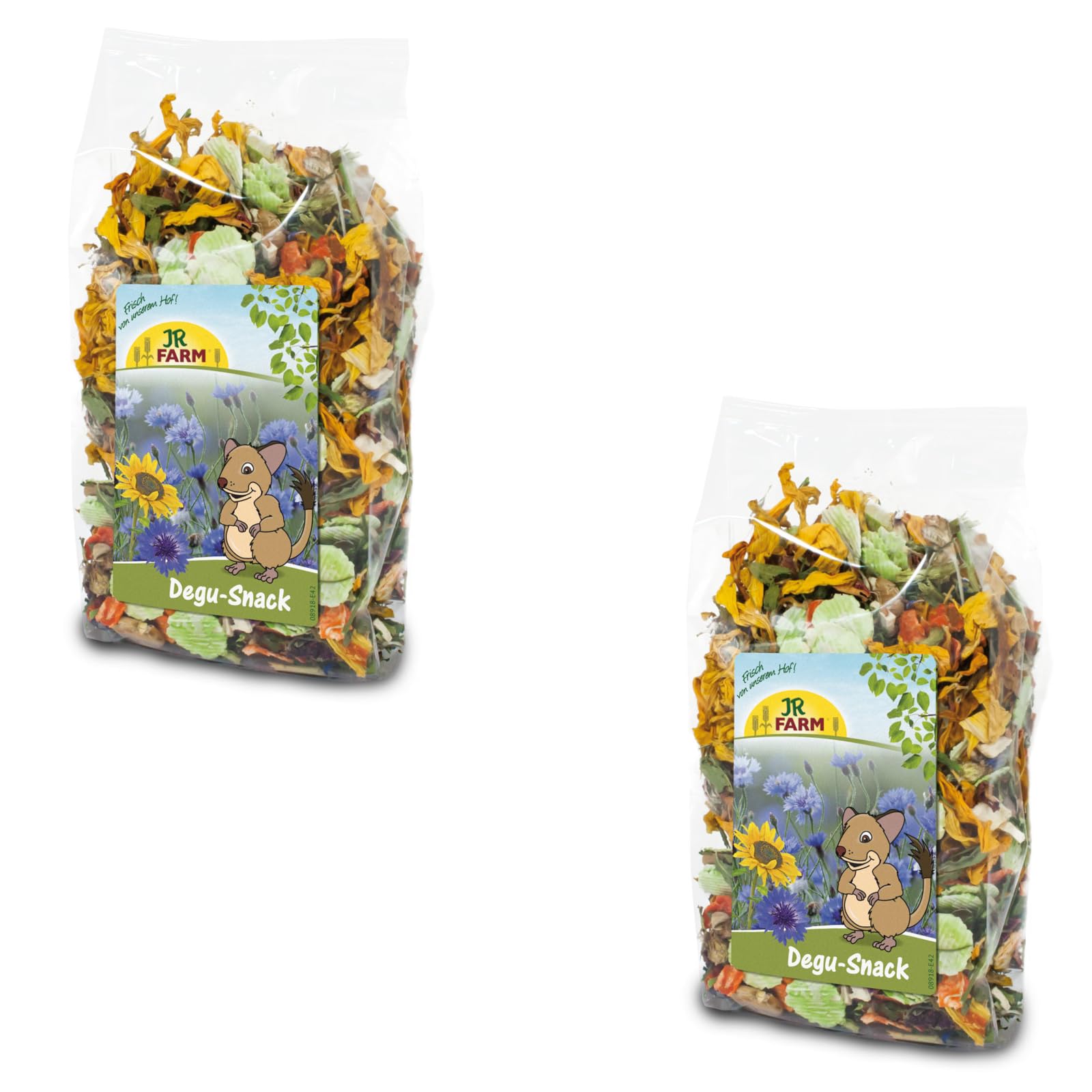 JR FARM Przekąska Degu | dwupak | 2 x 100 g | karma uzupełniająca dla degusa | z płatkami grochu, płatkami grochu, marchwi, burakami, pasternakiem, ziołami i kwiatami