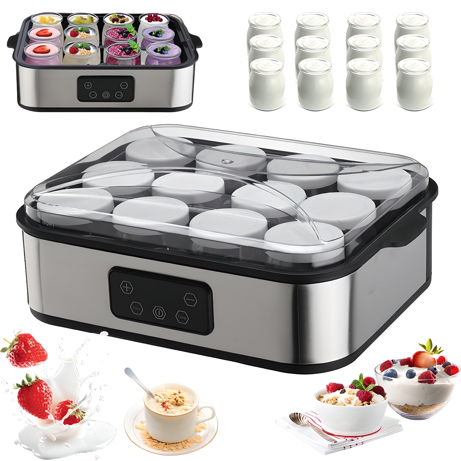 Automatyczny producent jogurtów, producent jogurtu 2500 ml ze szklanymi słoikami 12PCS | 20-48 ℃ Regulowana temperatura | 1-99H Timer, producenci jogurtów na świeży domowy jogurt