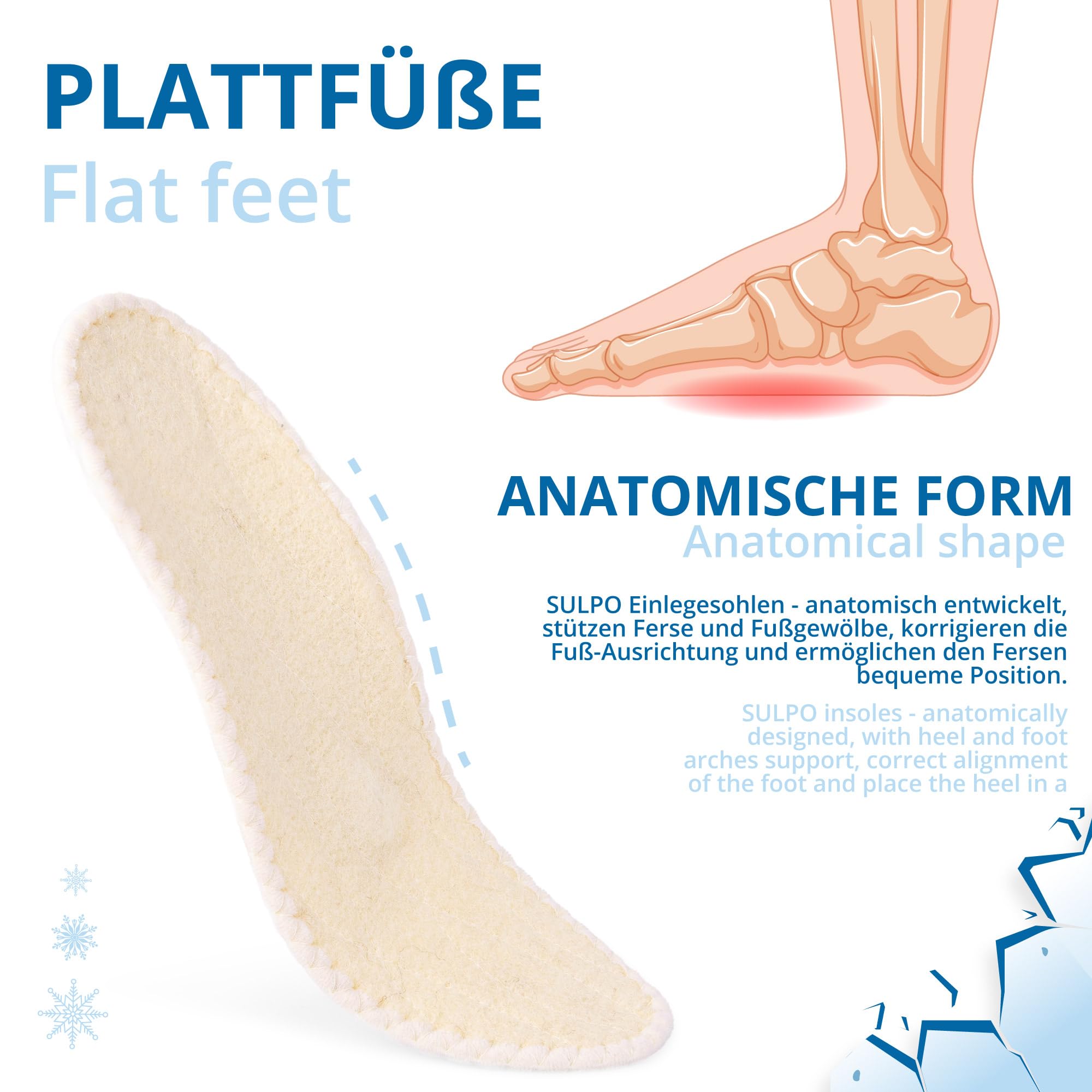 SULPO 1 Paire Semelles d'Hiver - Semelles Orthopédiques Voûte Plantaire Surélevée, Pieds Plats - Laine Chaude - Infirmier, Médecin, Enseignant, Caissier & Vendeur - Tailles 35-46
