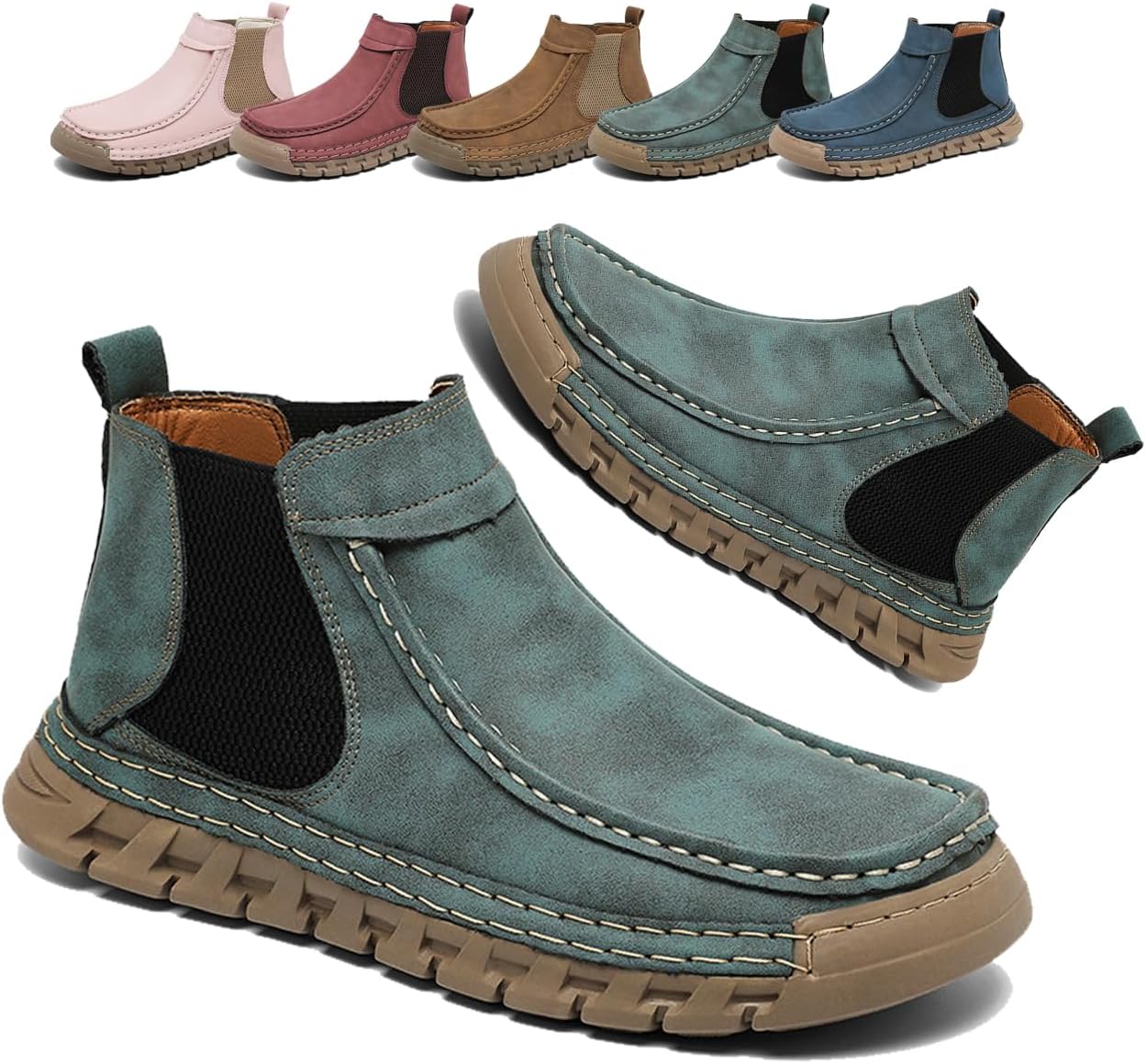 Women's Hand Stitching Ankle Boots Comfortable Elasticity Slip on Lightweight Mid Top Hiking Loafers Retro Non-Slip Driving Walking Shoes