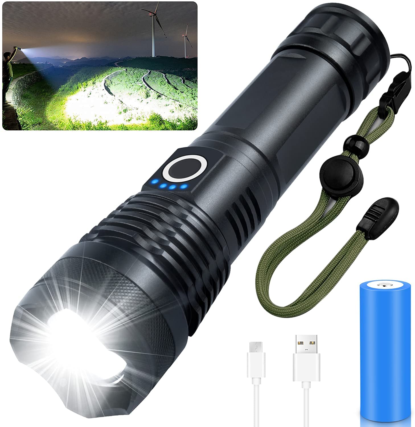 BBstore LED Tactical Flashlights with 5 light modes-waterproof flashlight with 18650 Battery-Bright, Zoomable, Handheld Flashlight Set with High Lumens for Camping, Outdoor and Emergency Use