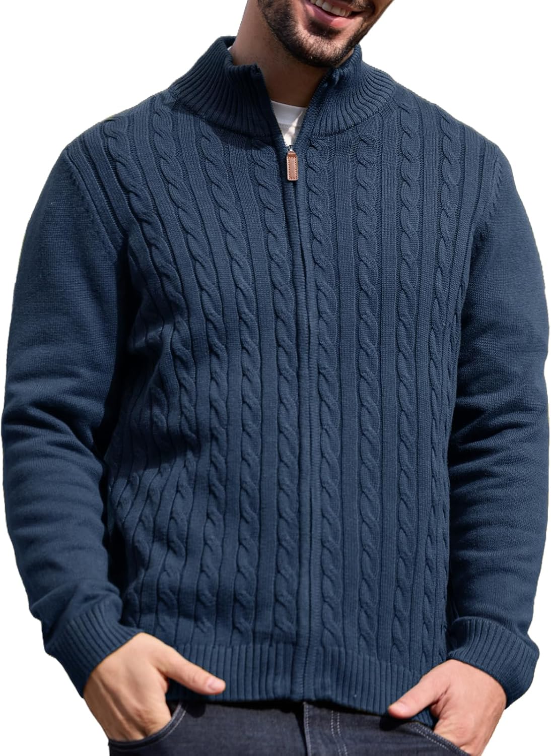 Les umes Men's Cardigan Sweaters Full Zip Stand Collar Cable Knitted Sweater Cotton Long Sleeve Zipper Cardigans