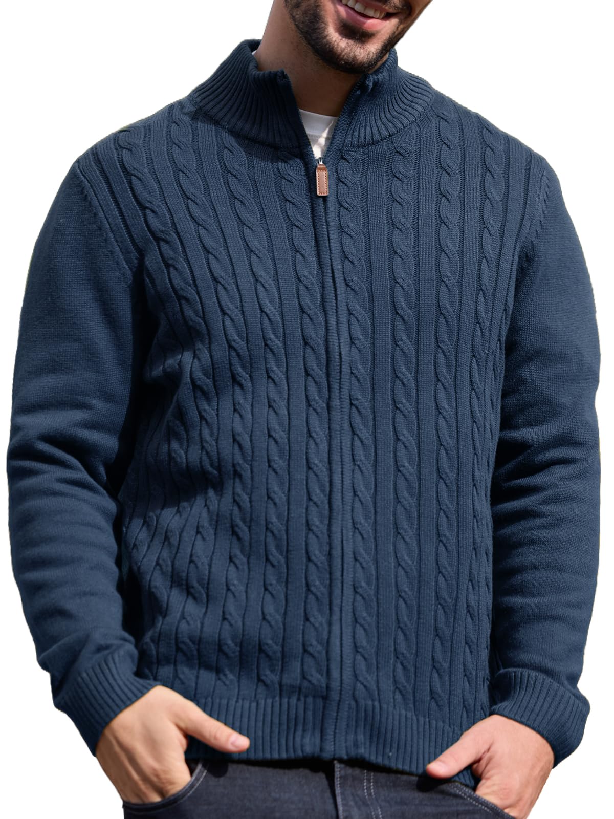 Les umes Herren Vollreißverschluss-Cardigan Zopfmuster Stehkragen Strickpullover Baumwoll Warmer lässiger Cardigans