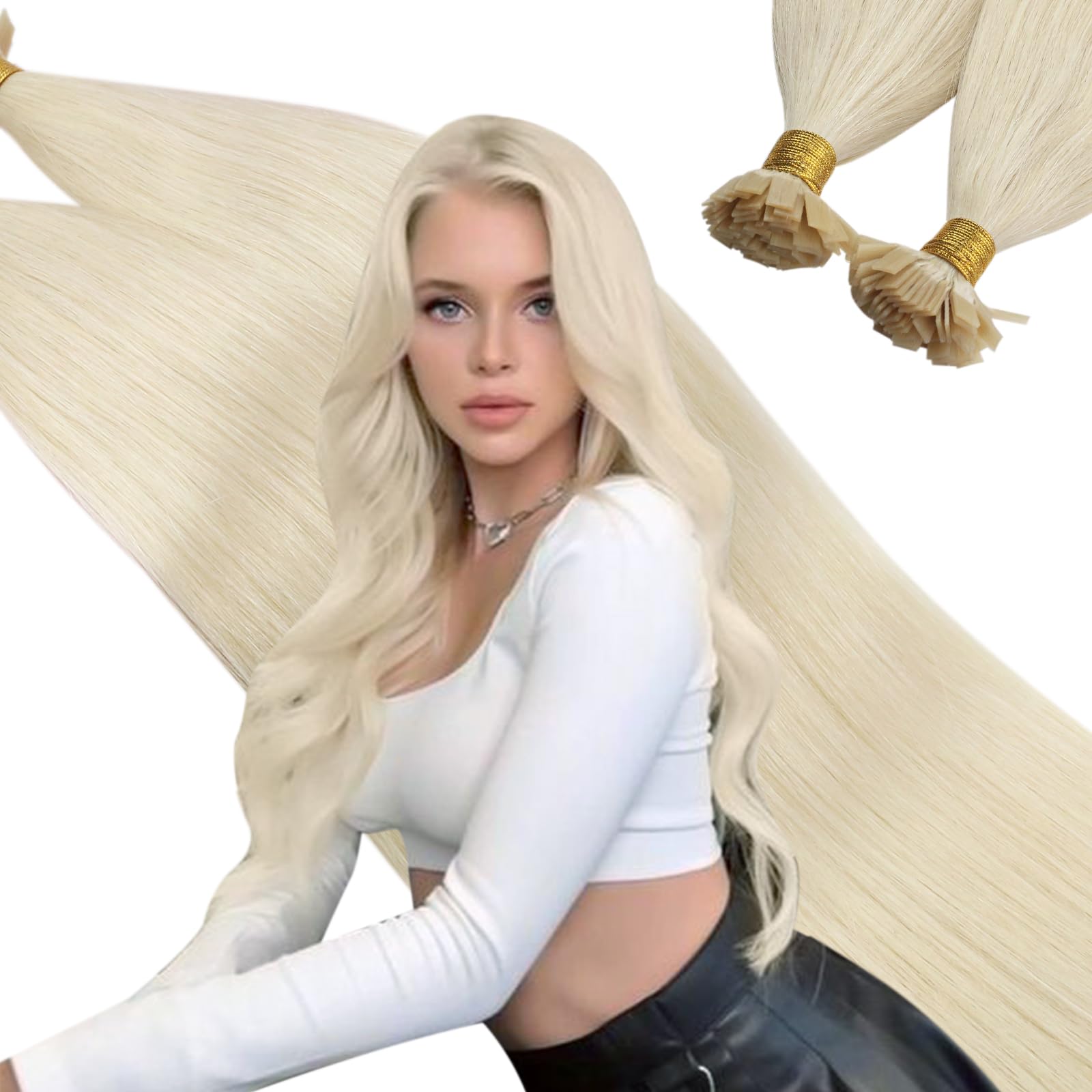 Ugeat 24 Inch Keratin Hair Extensions Real Human Hair Platinum Blonde Flat Tip Hair Extensions #60 Blonde for Summer Everyday Wear Soft and Invisible 50S 50G