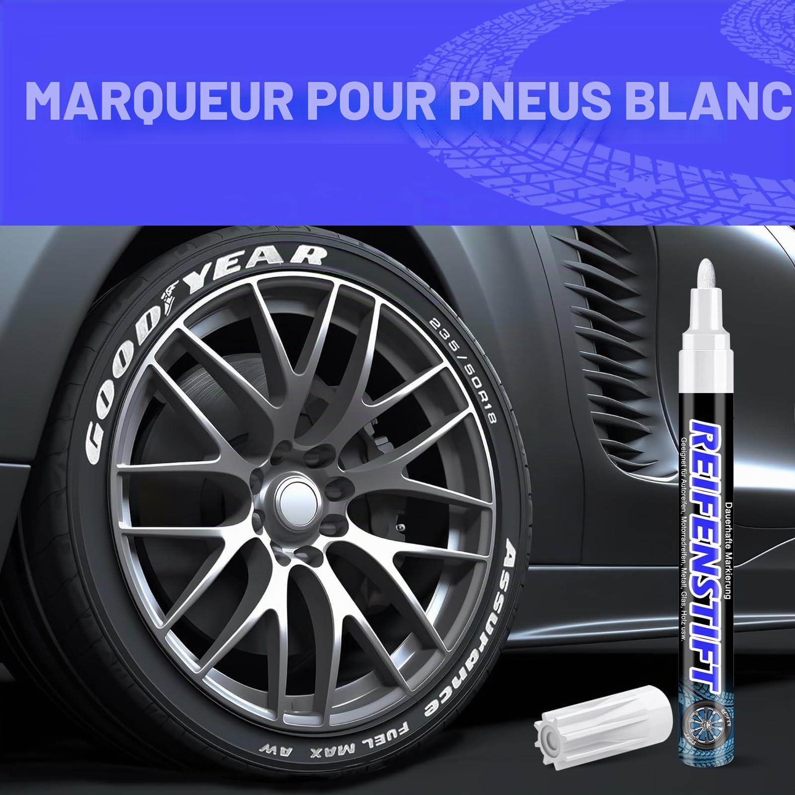 Hsypti Lot de 3 stylos de peinture pour pneus de voiture - Blanc - Haute capacité - Étanche - Marqueur pour pneus de voiture, moto, etc