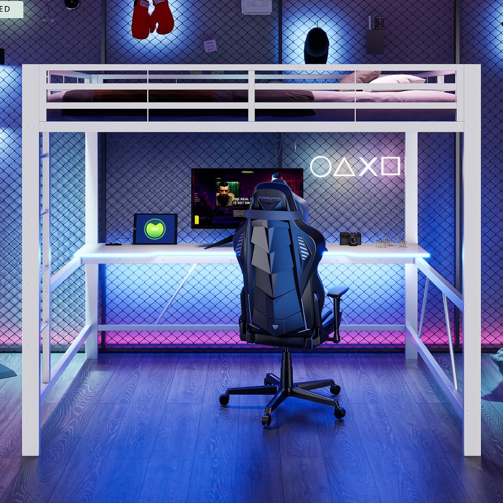 Letto a soppalco 160x200 con striscia led,USB,letto a castello bambini con scrivania Salvaspazio,rete letto in metallo da gioco con sponda,Senza materasso,atto a camere da letto,ecc(Bianco)