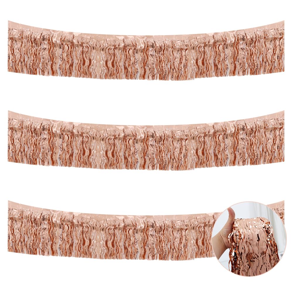 BEISHIDA 3 Pack Rose Gold Wavy Foil Fringe Garland 30ft Tinsel Wall Decor