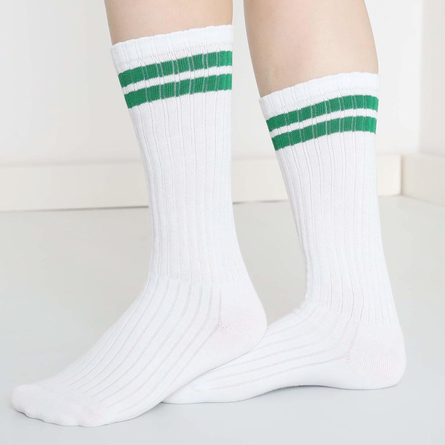 Chunky Ribbed Cotton Striped Socks Retro Double Stripes Scrunch Crew Socks, 5 Pairs with Present Box - Image 5