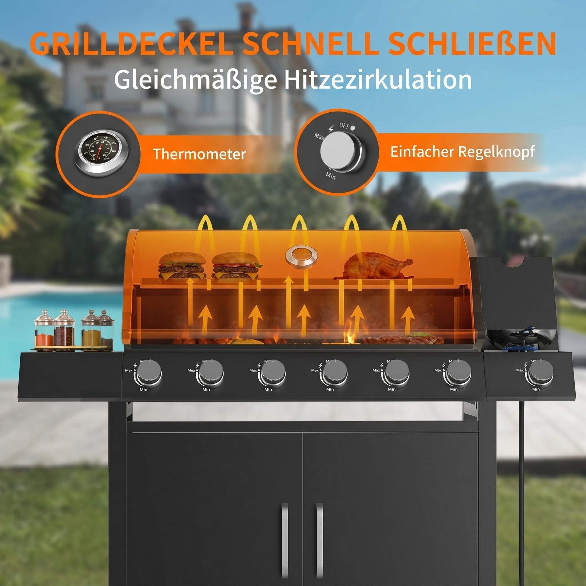 Garvee Gasgrill Mit 6+1 Brennern, 60.000 BTU, Seitenbrenner & Unterschrank | Edelstahl Gusseisenroste Warmhalterost Thermometer Rollen – Wetterfest für Garten & Terrasse