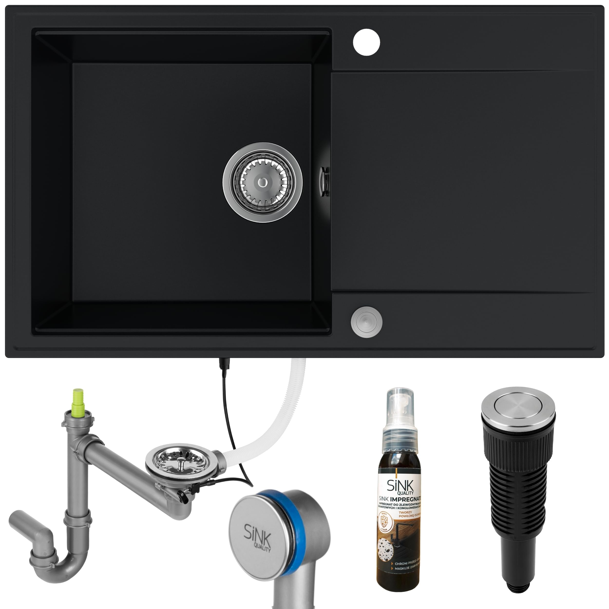 SINK Quality Fregadero Cocina 1 Seno con Escurridor 78 x 46 cm - Fregadero granito negro con sifón PUSH y agente de impregnación - Fregadero para mueble de 60 - Lavabo de cocina negro