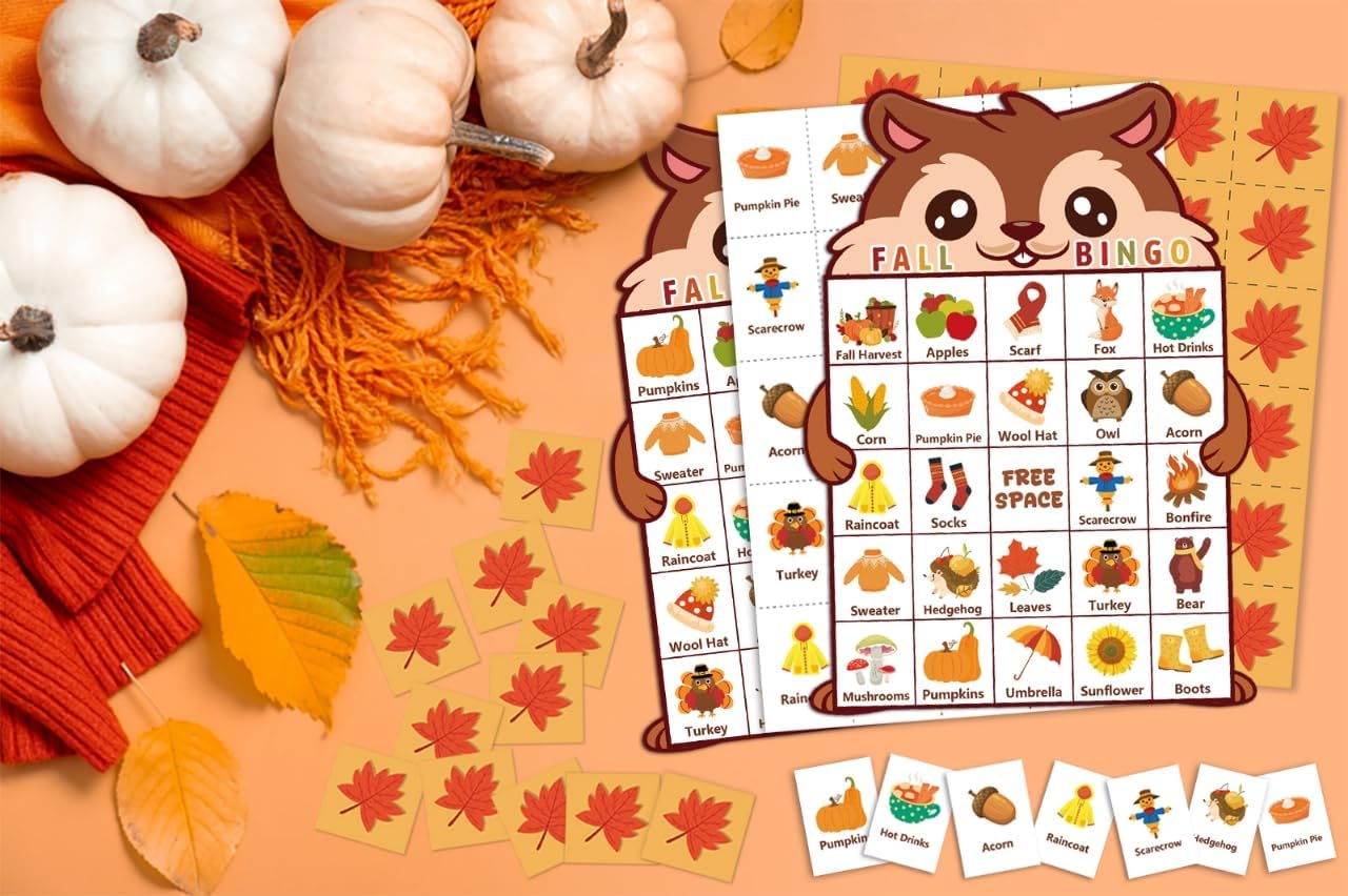 24 Players Fall Bingo Card for Kids Autumn Bingo Cards Autumn Harvest Card Game Fall Crafts for Kids Fall Craft Supplies Thanksgiving Bingo Cards for Classroom Activities Party Supplies