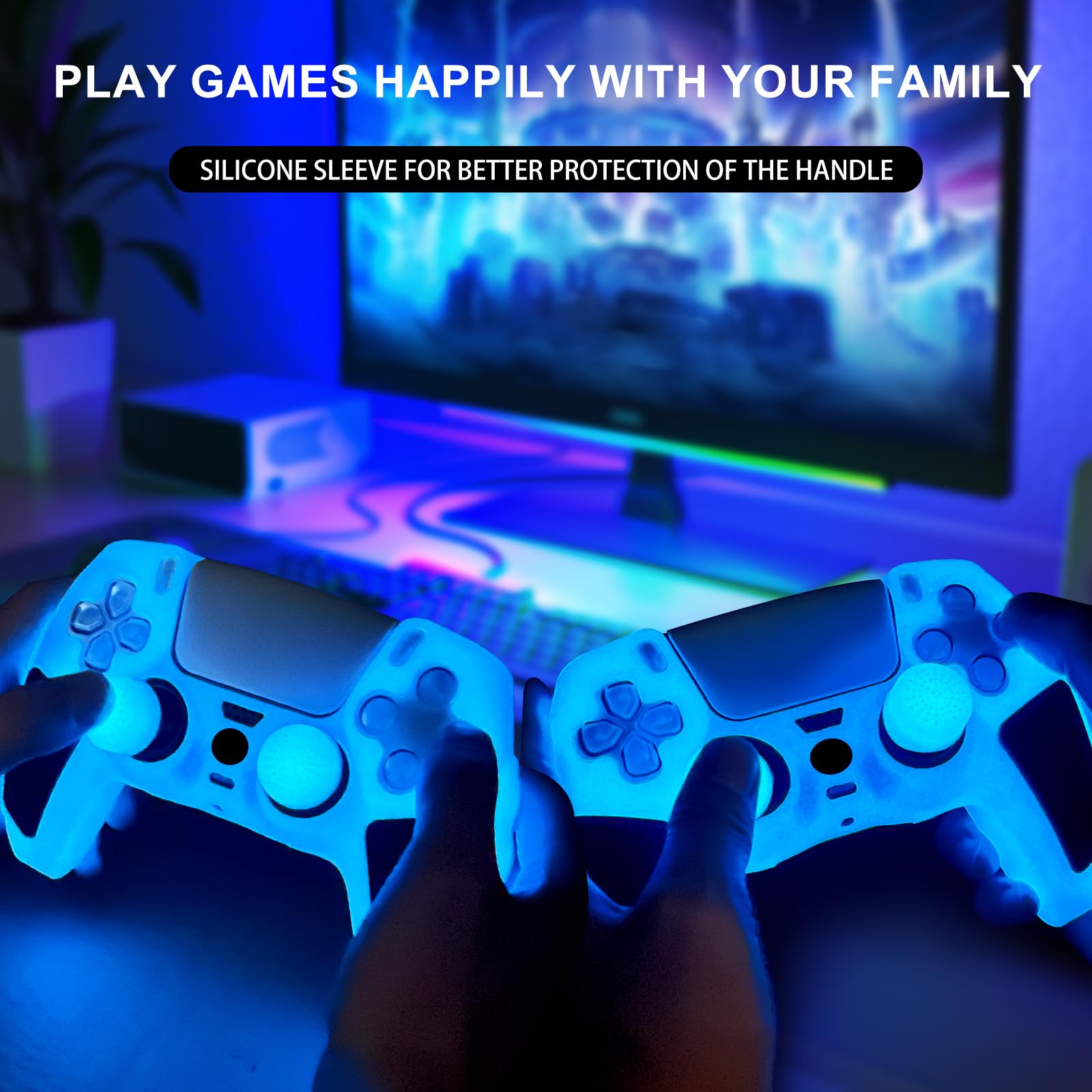 Glow in The Dark PS5 Controller Skin, Glitter Blau Anti-Slip Soft Thicked Spiked Silicone Cover Skins Kompatibel mit PS5 Controller, inklusive 8 PCS Glitter Glow Thumb Grips und 2 Grips Caps.