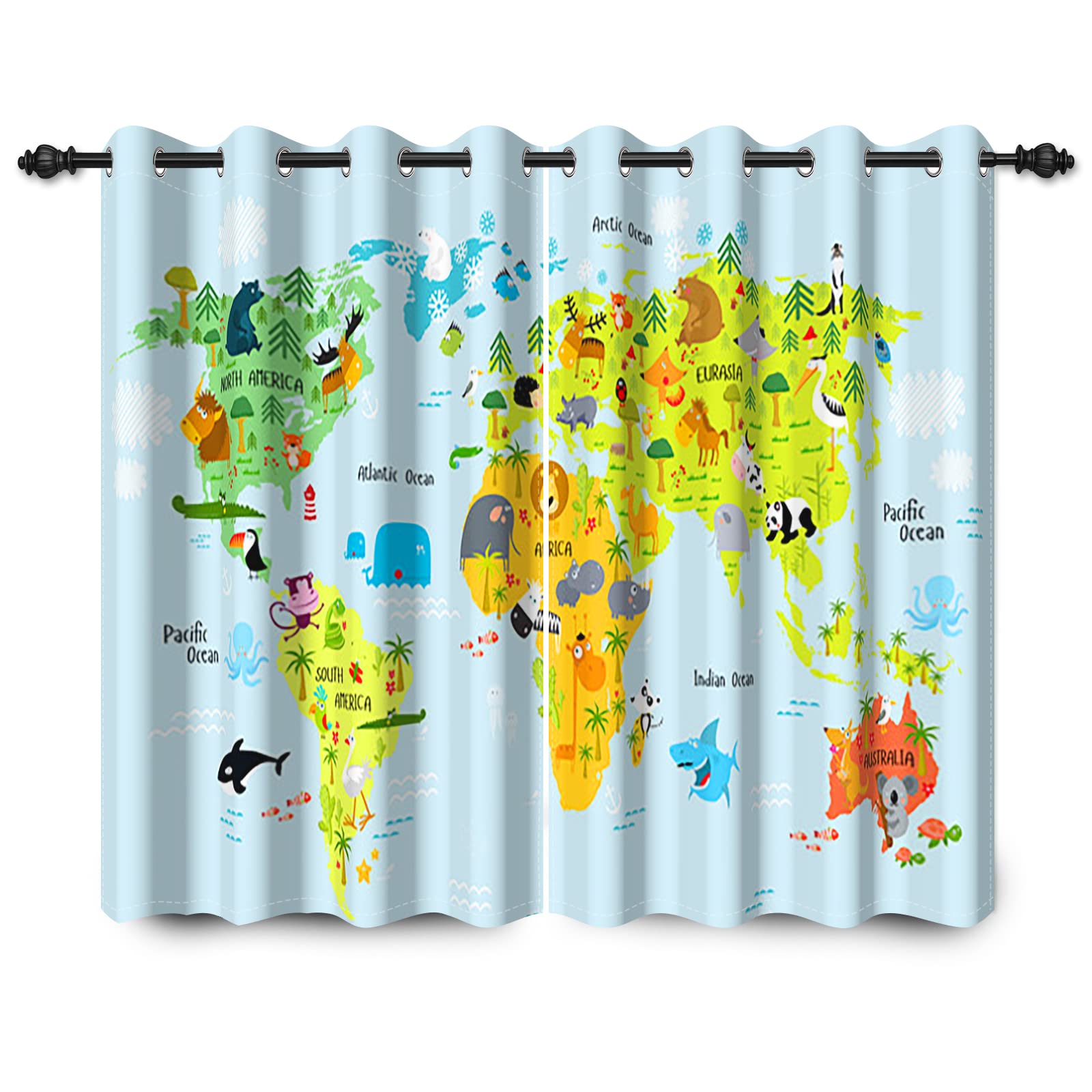 YONGFOTO Rideaux Occultants Carte du Monde Animaux pour Chambre Enfant | Bleu Bébé Animaux de la Forêt Aventure Safari Rideau Thermiques pour Chambre de Garçon avec Œillets 2 Panneaux 117 x 138 cm