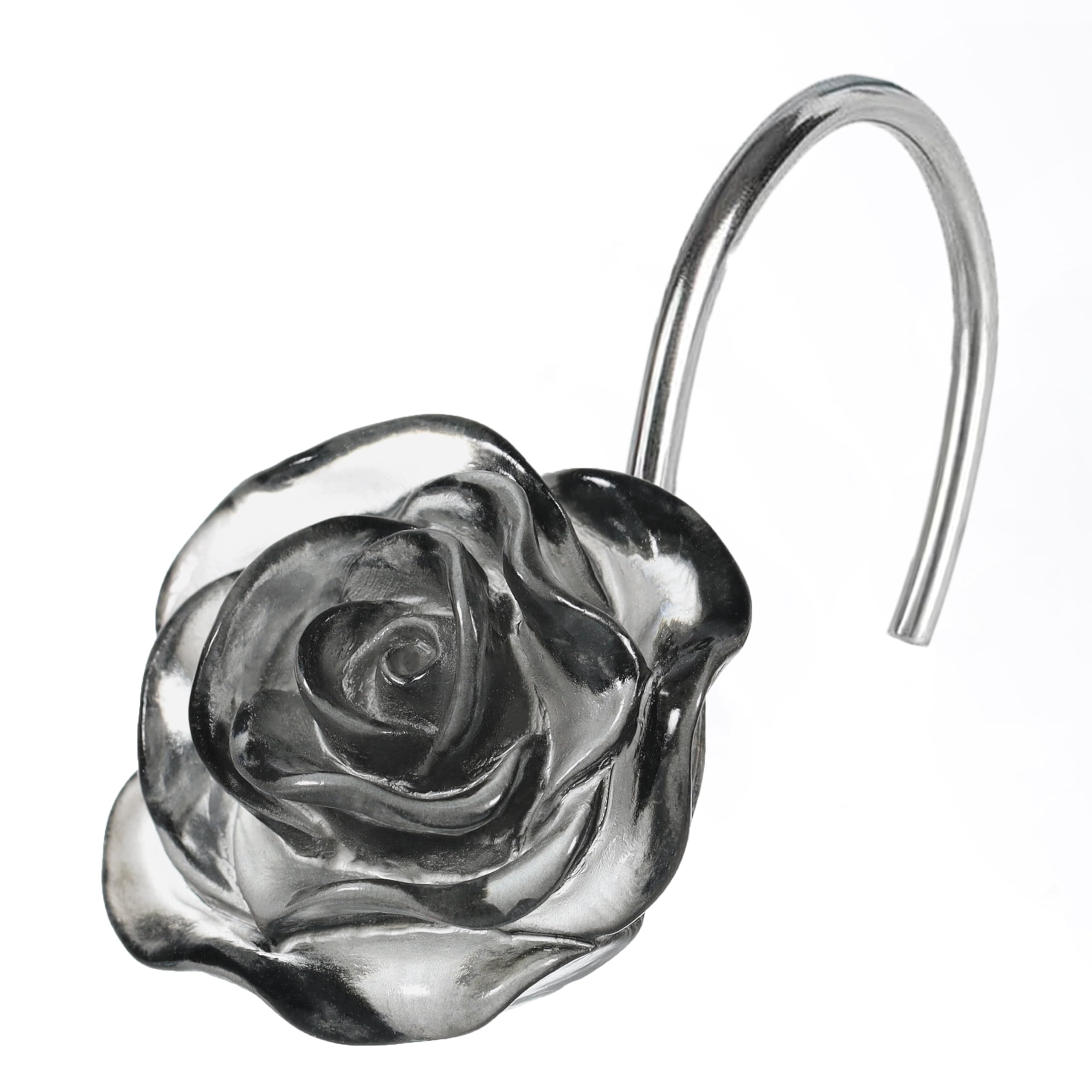 Black Flower Shower Curtain Hooks: Dark Grey Crystal Ice Textured Decorative Hooks for Floral Rose Leaf Plant Botanical Shower Curtain - Cute Rustproof Stainless Steel Hangers for Bathroom Décor