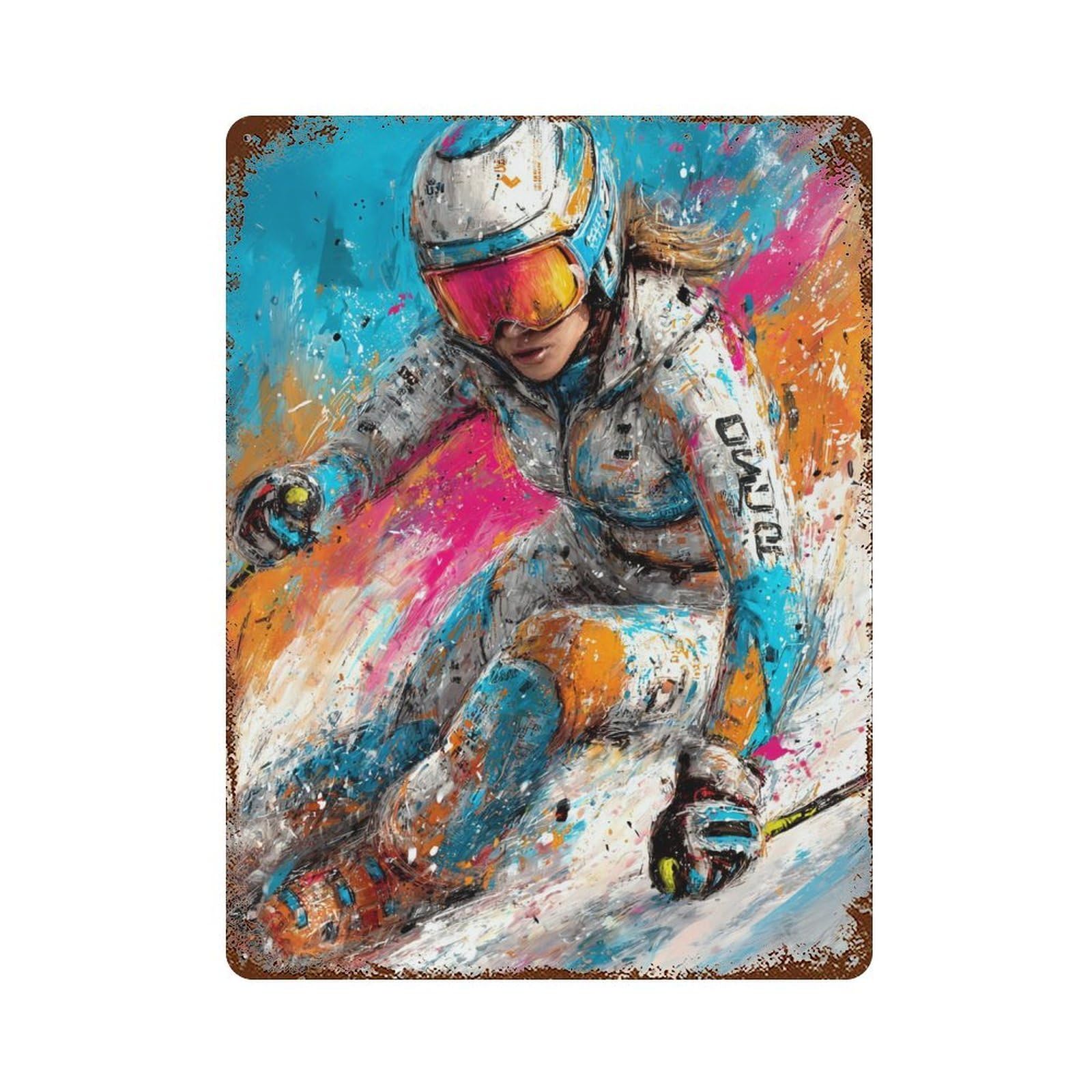 Distressed Metal Wall Sign with Dynamic Skiing Action Painting Design 15.7"x11.8", for Garage, Bar And Workshop Decor, Vintage Wall Decor