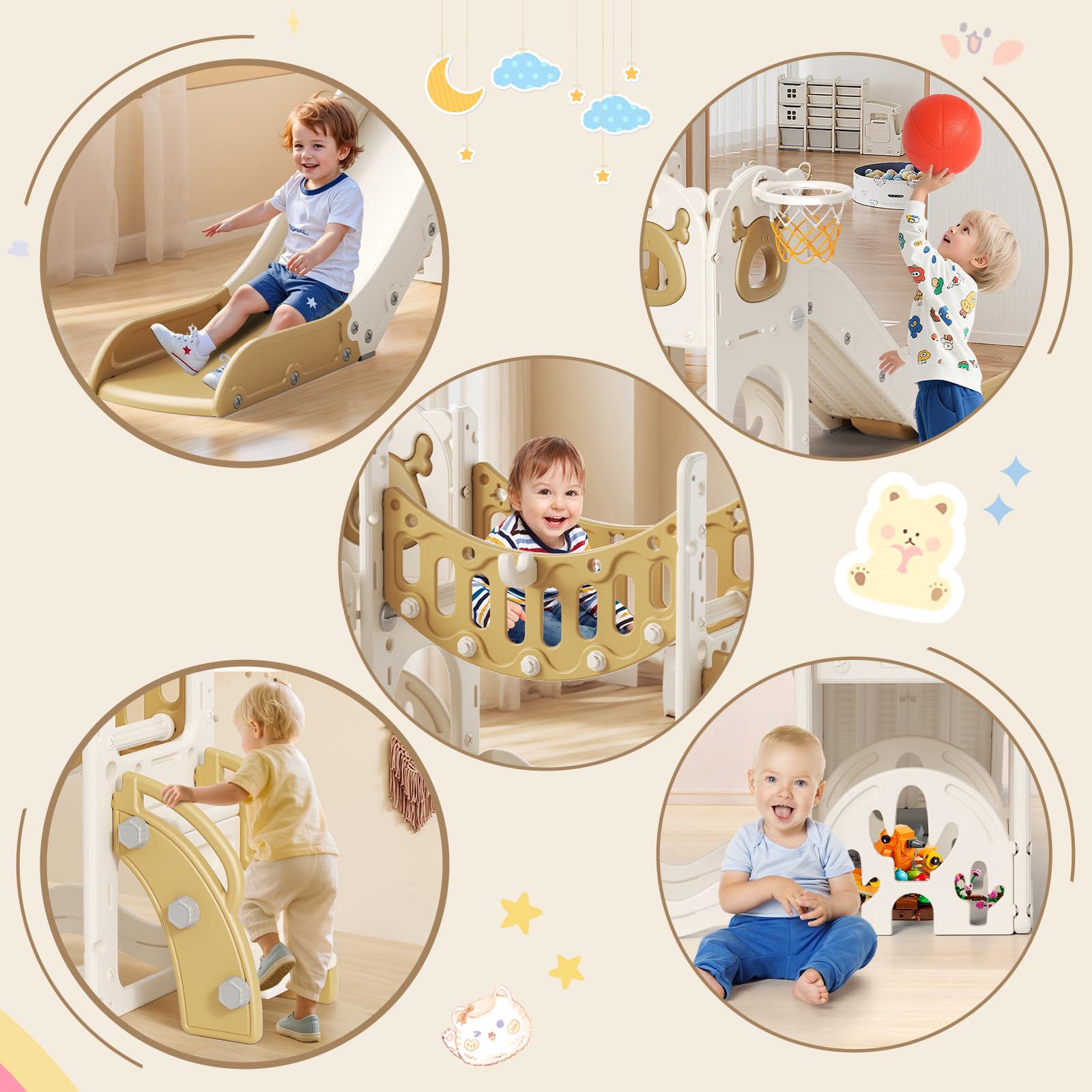 Slide per bambini ispessiti e allargati, scivolo per bambini piccoli indipendente con canestro da basket, attrezzatura per parco giochi con scivolo, scivoli all'aperto (kaki 8 in 1)