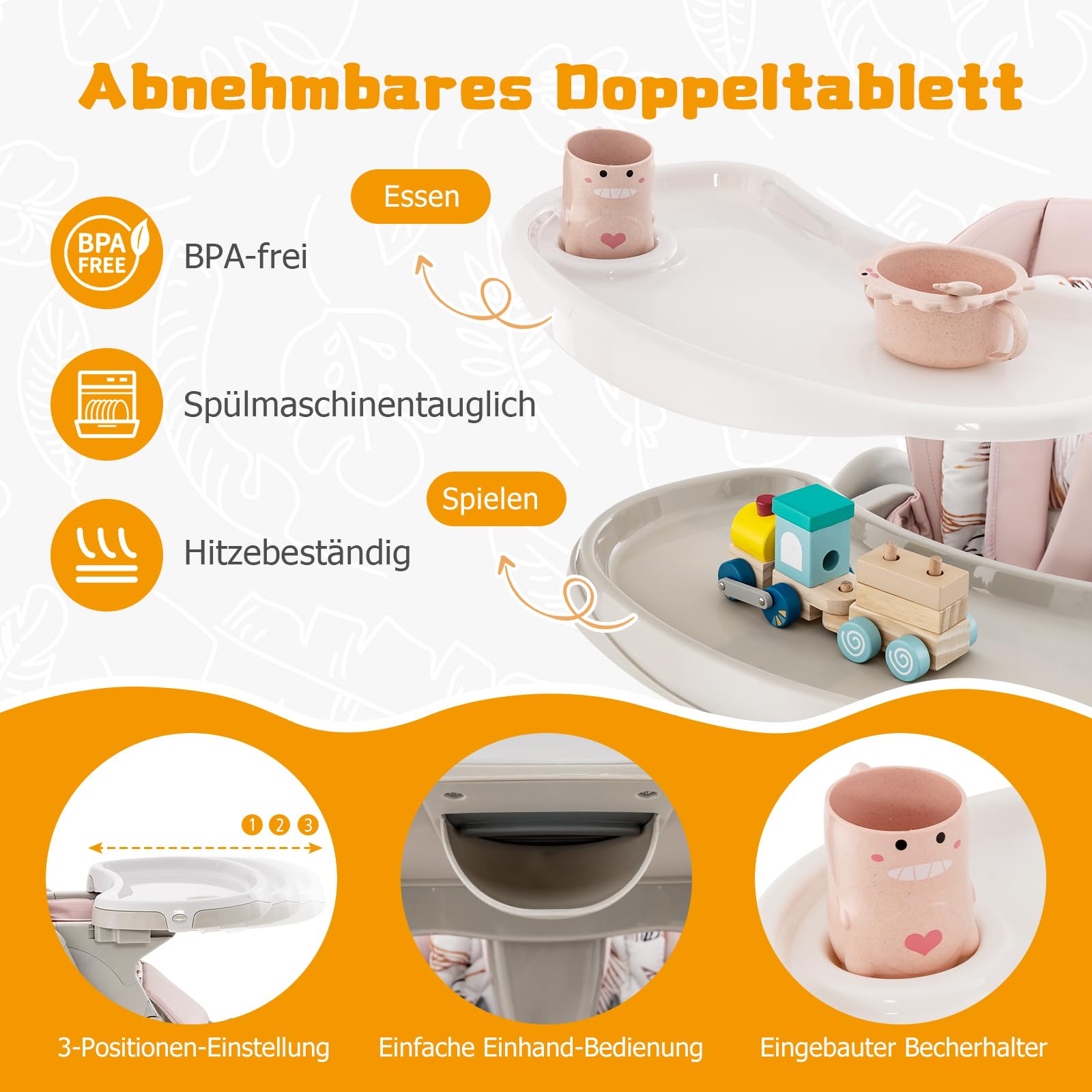 GOPLUS Wysokie krzesełko dziecięce ze zdejmowaną podwójną tacą, regulowane oparcie, podnóżek i wysokość siedziska, krzesło do karmienia z kółkami i torbą do przechowywania, dla niemowląt w wieku 6-36