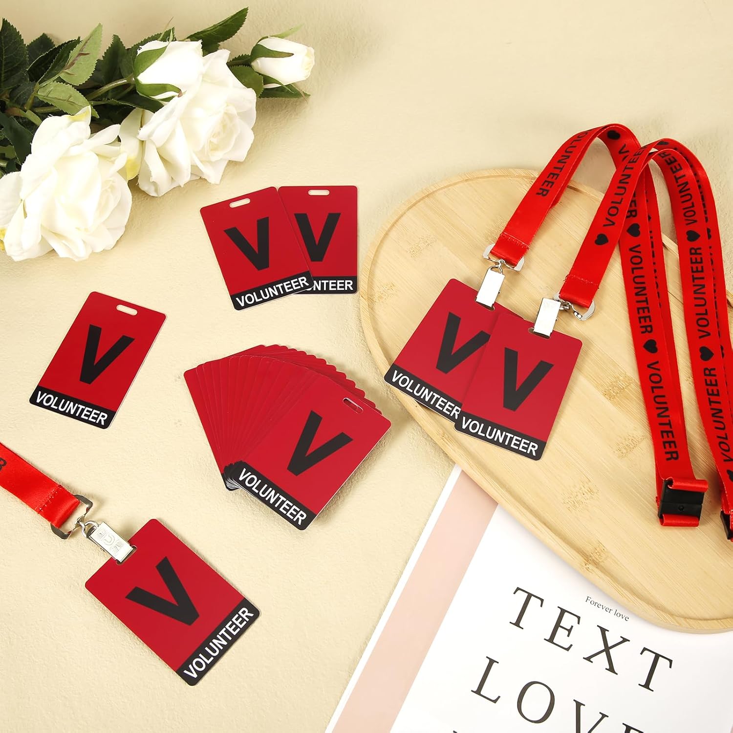 25pcs Volunteer ID Badges with 25pcs Volunteer Lanyard, Volunteer Badge Lanyards Volunteer Name Tags Event Staff Volunteer Strap Lanyards with Clip Release for Company Campus School Exhibition (Red)
