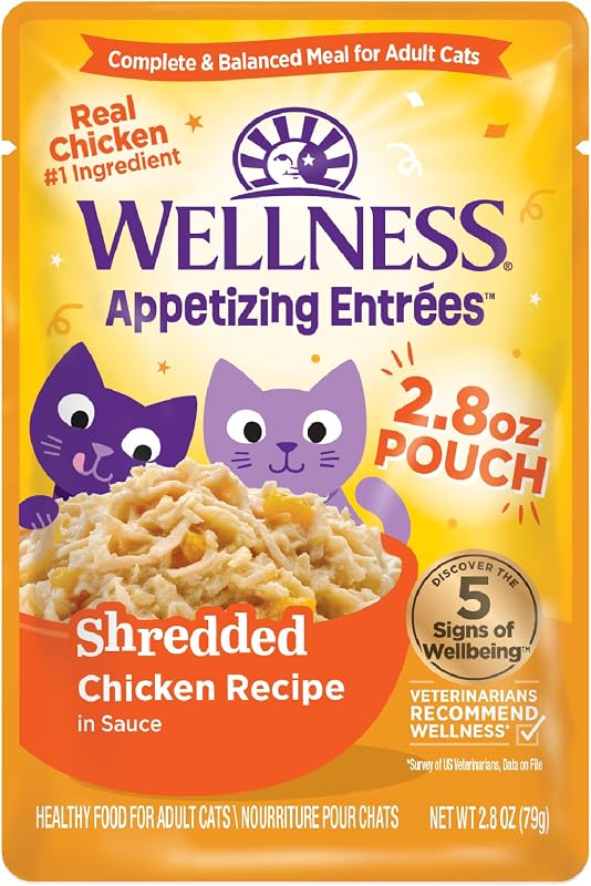 Ração Úmida para Gatos Adultos Wellness Appetizing Entrées com Frango Desfiado, Sem Grãos, Pacote com 8 Sachês de 79 g